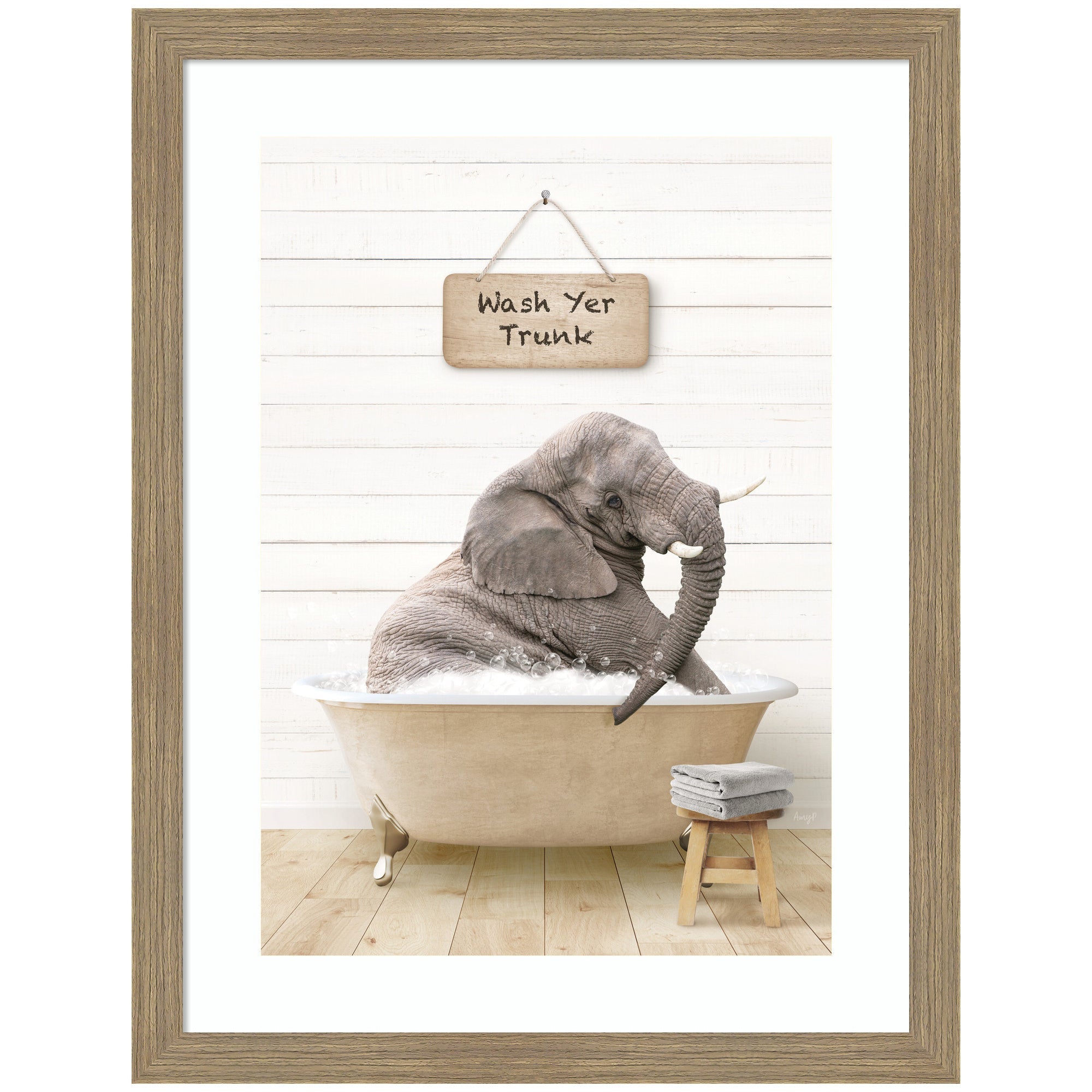 Young Elephant in Modern Bathtub Wash Your Trunk by Amy Peterson Framed Wall Art Print
