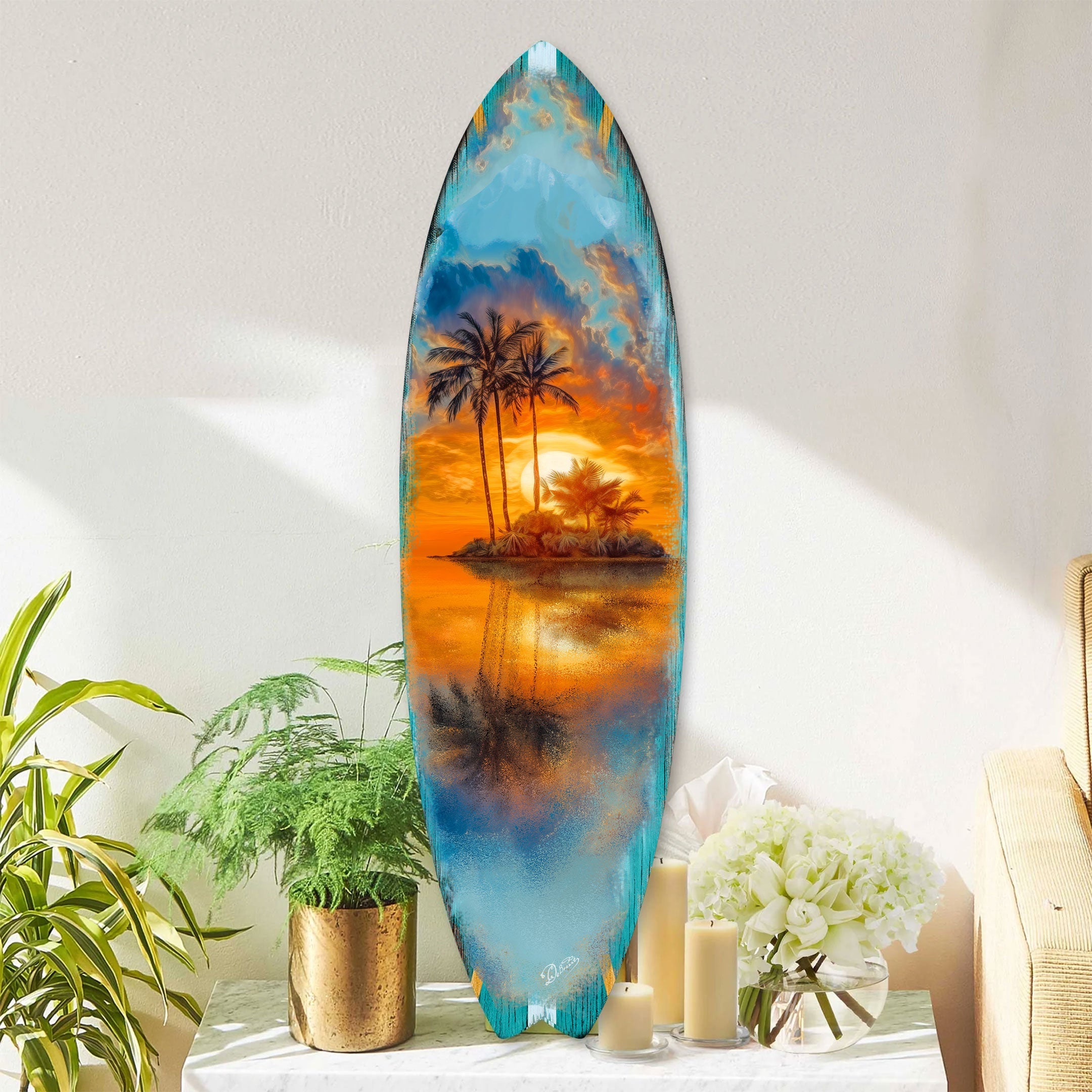 Tropical Sunset Surfboard Wall Art showing palm trees and golden sunset over water on a surfboard-shaped birch wood panel
