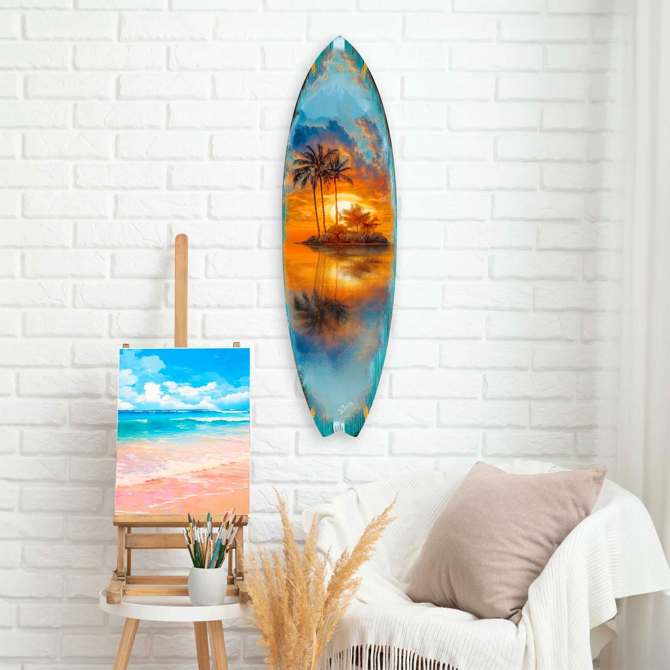 Tropical Sunset Surfboard Wall Art – Coastal Wall Decor by G. DeBrekht