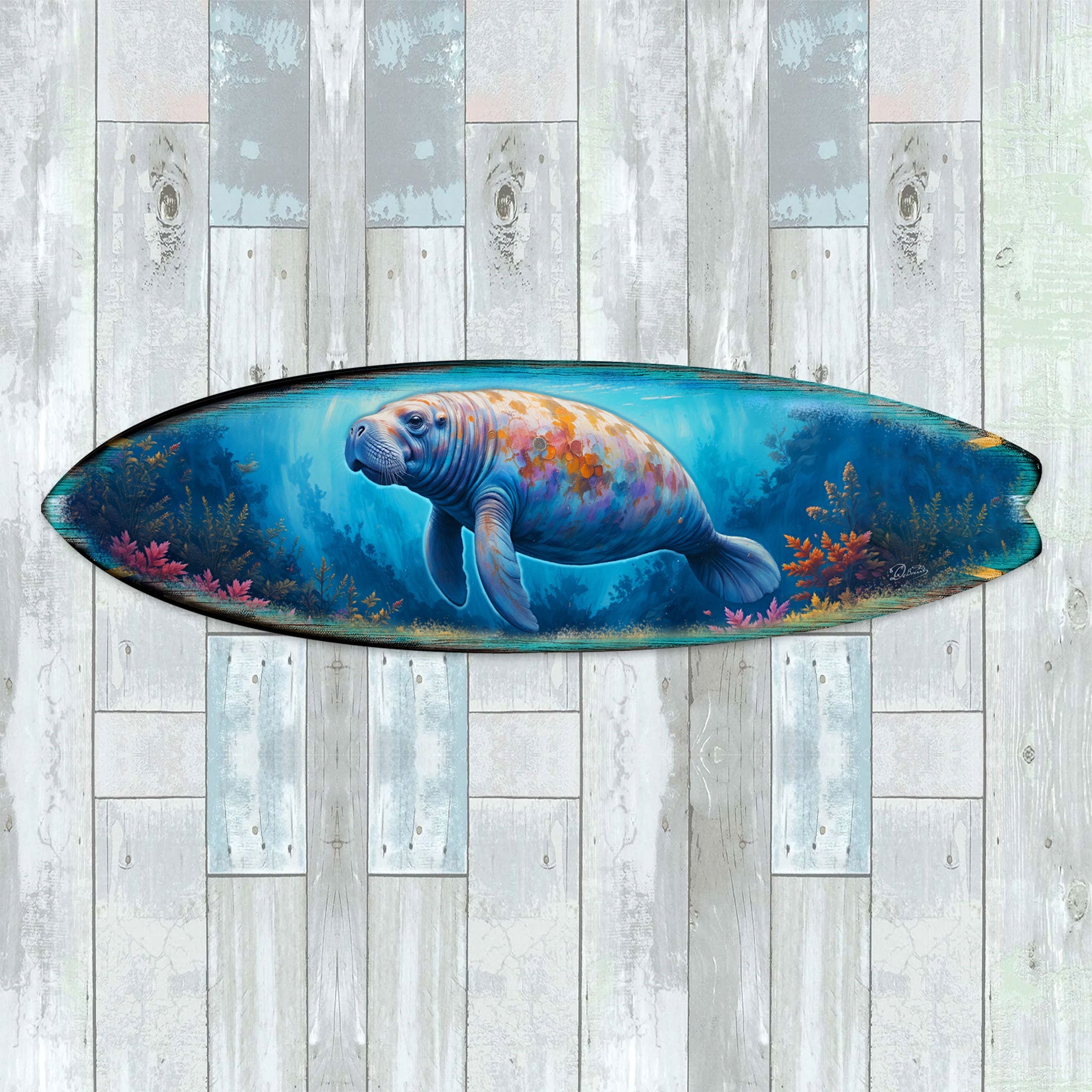Manatee Surfboard Wall Art – Handcrafted Coastal Decor - Art by G. DeBrekht