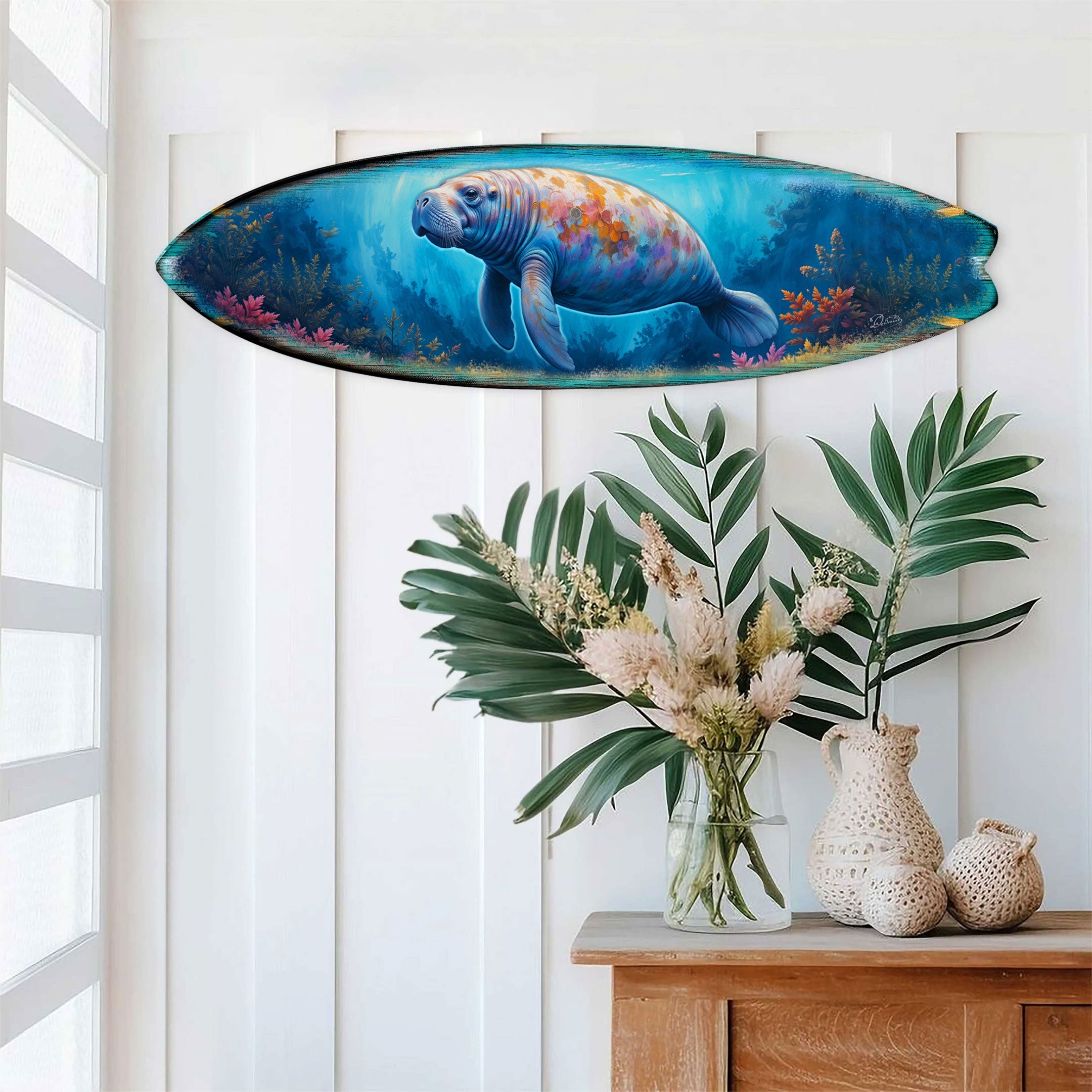 Manatee Surfboard Wall Art – Handcrafted Coastal Decor - Art by G. DeBrekht