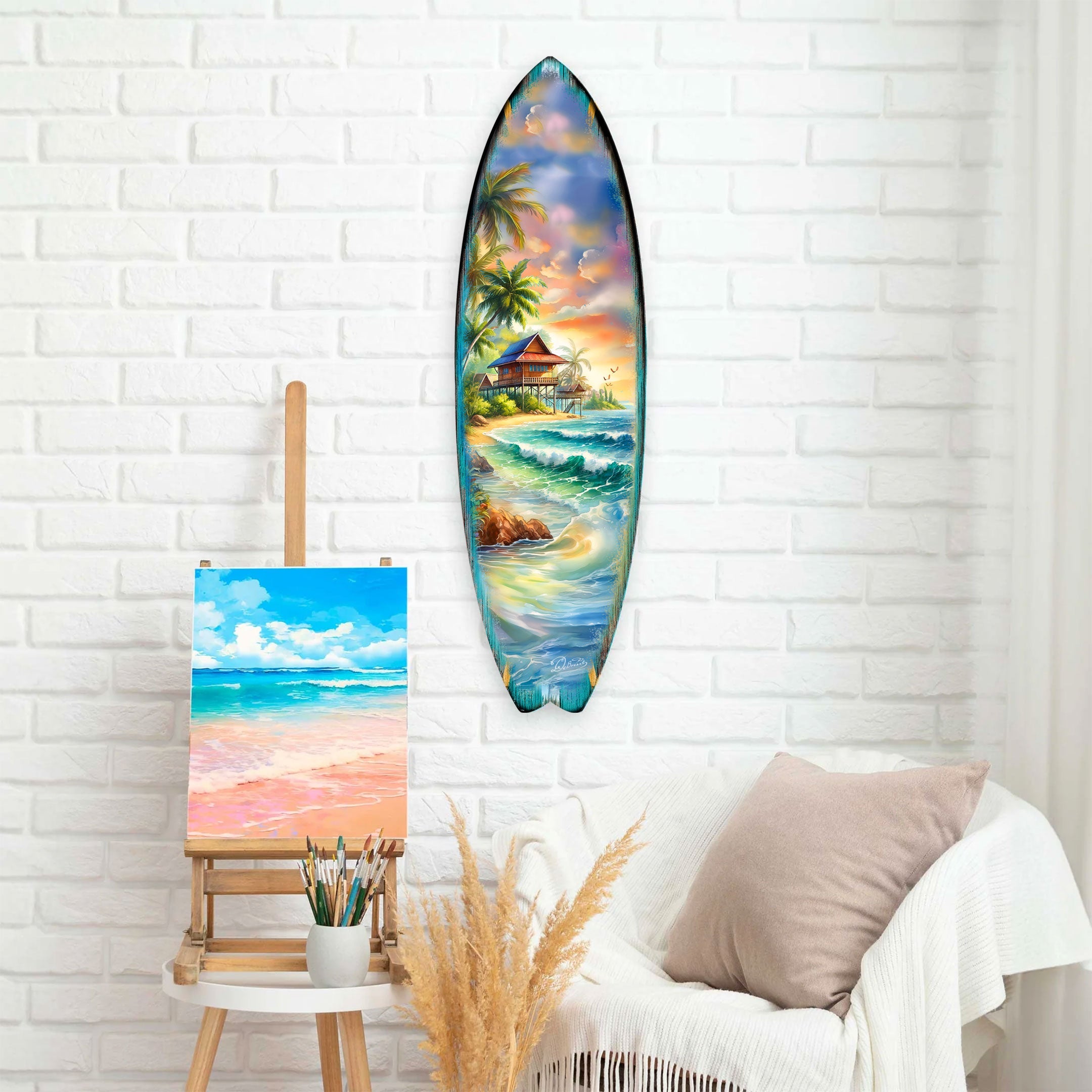 Tropical Beach House Surfboard Wall Art showing colorful oceanfront bungalow and palm trees design on birch wood surfboard shape