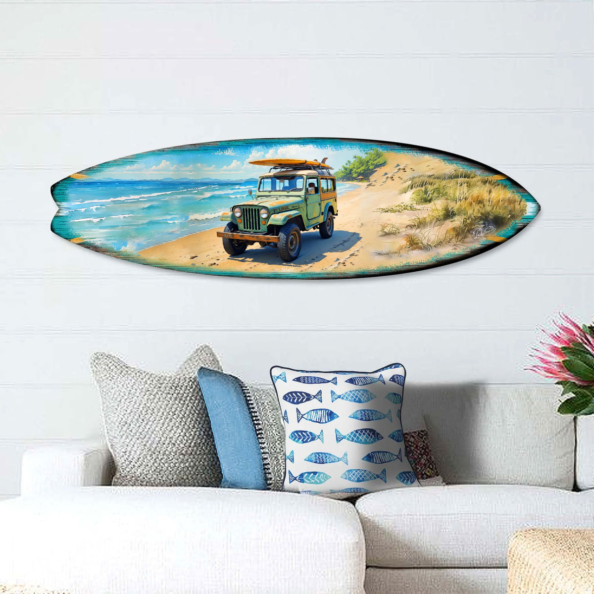 Vintage Beach Jeep Surfboard Wall Art with a classic beach cruiser and surfboard design