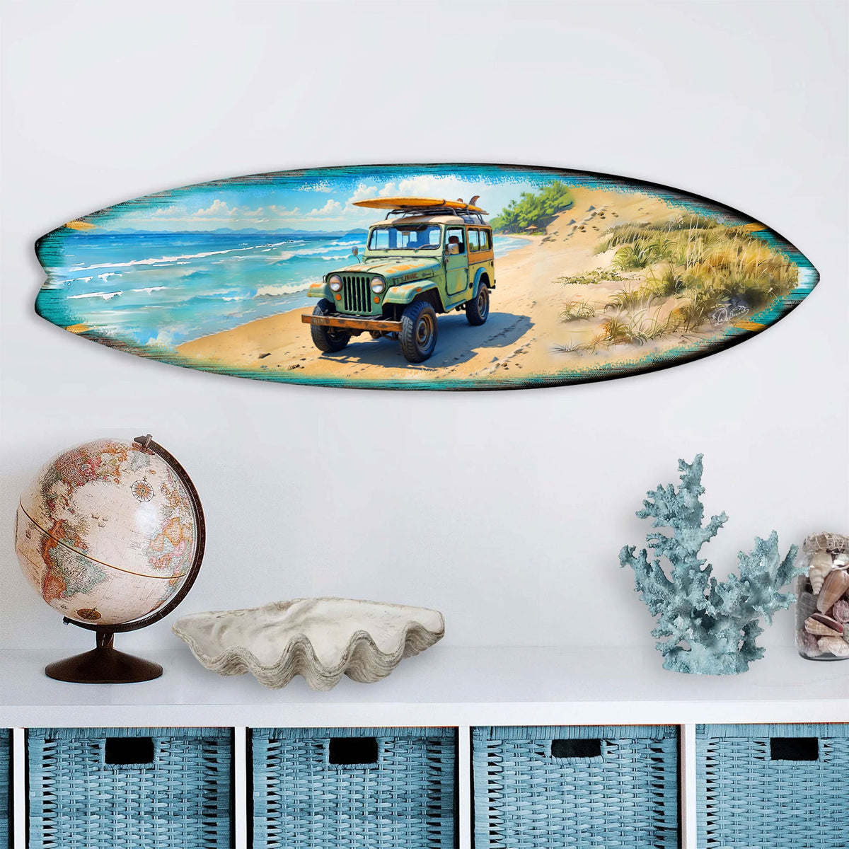 Vintage Beach Jeep Surfboard Wall Art – Handcrafted Coastal Decor by G.DeBrekht