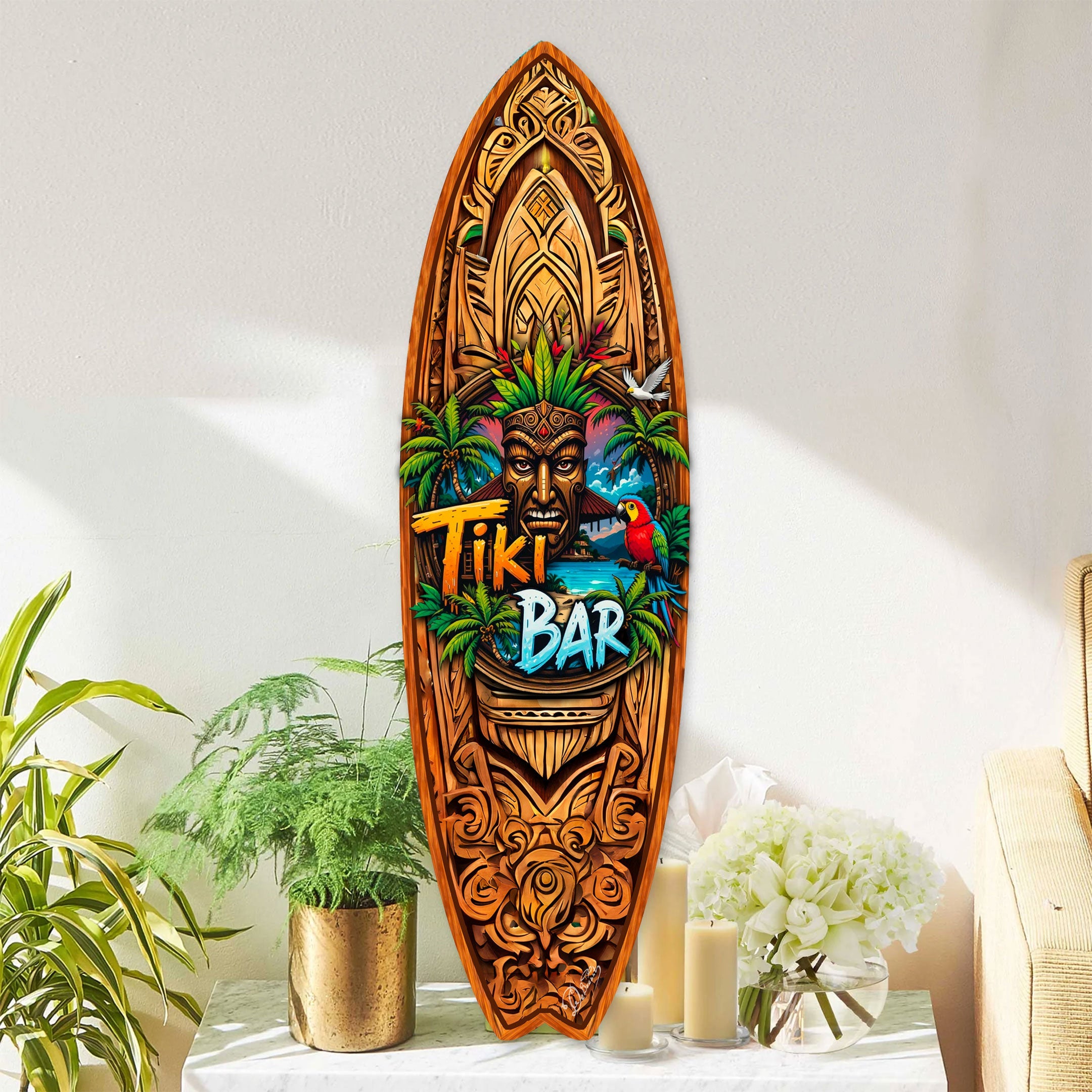 Tiki Bar Surfboard Wall Art by G. DeBrekht – Handcrafted Coastal Decor