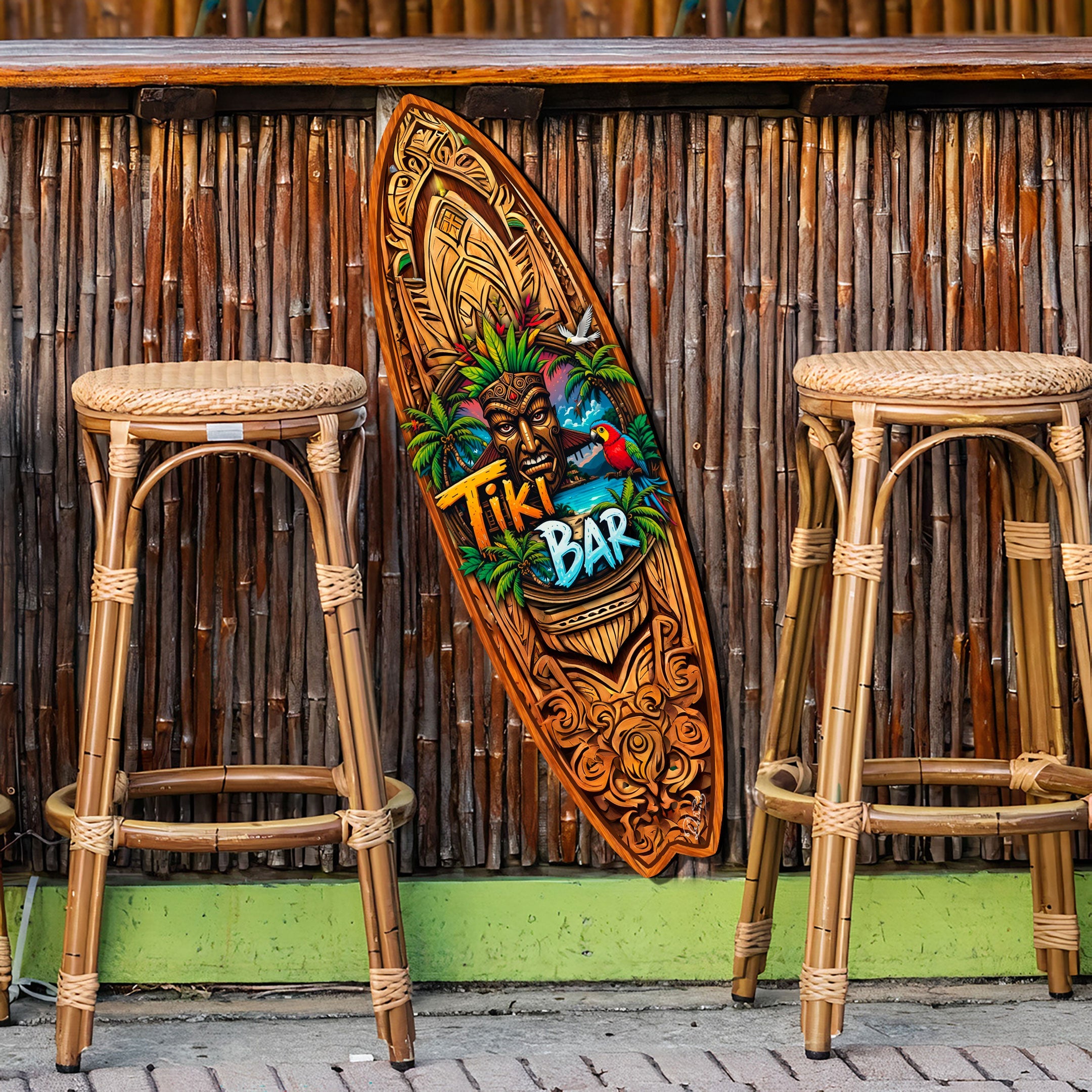 Tiki Bar Surfboard Wall Art by G. DeBrekht – Handcrafted Coastal Decor