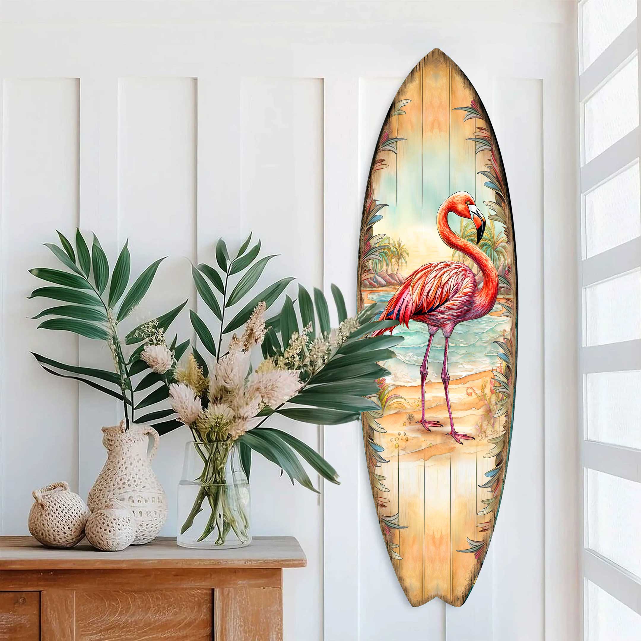 Pink Flamingo Surfboard Wall Art by G. DeBrekht