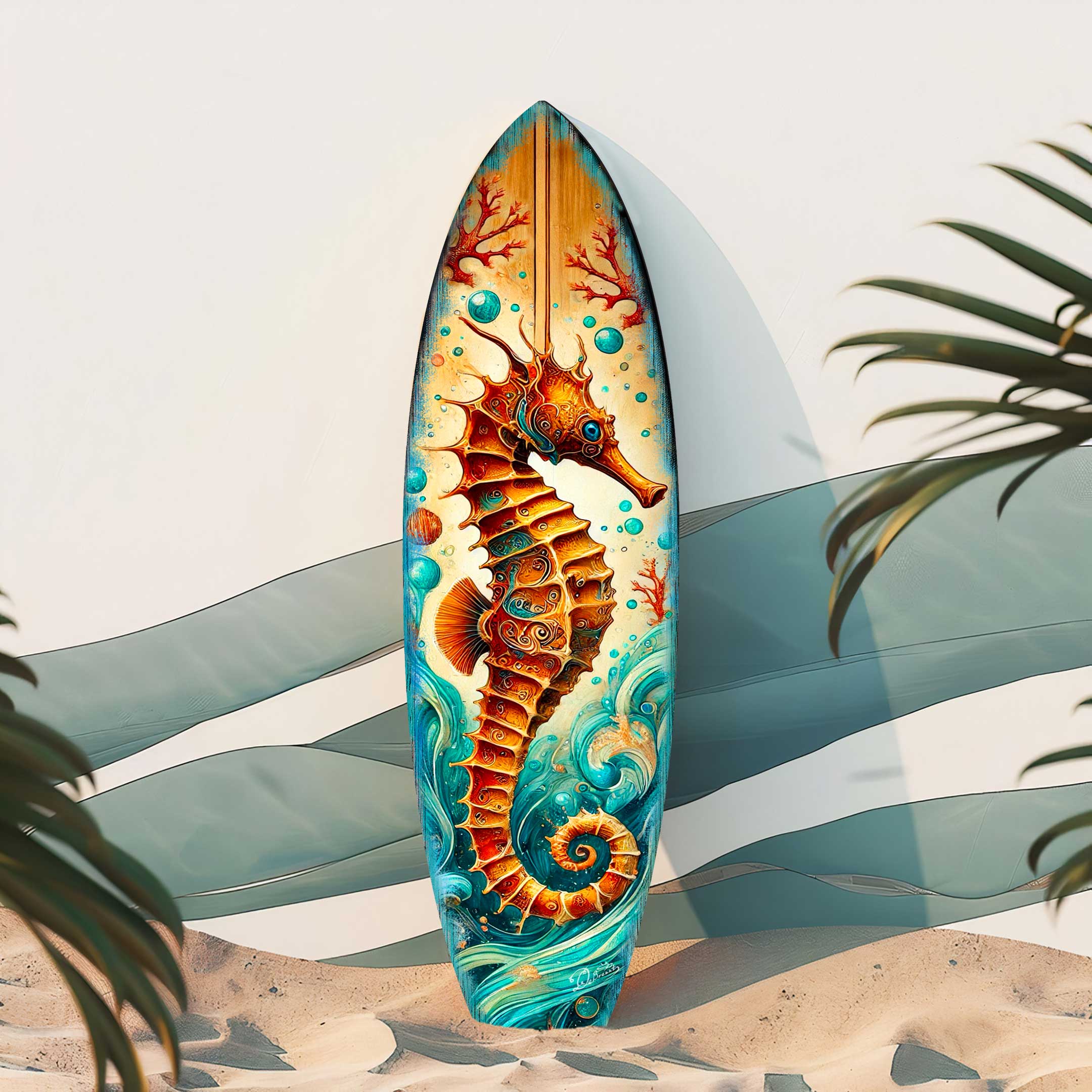 Seahorse Coastal Surfboard Wall Art – Handcrafted Wooden Ocean Decor by G.DeBrekht