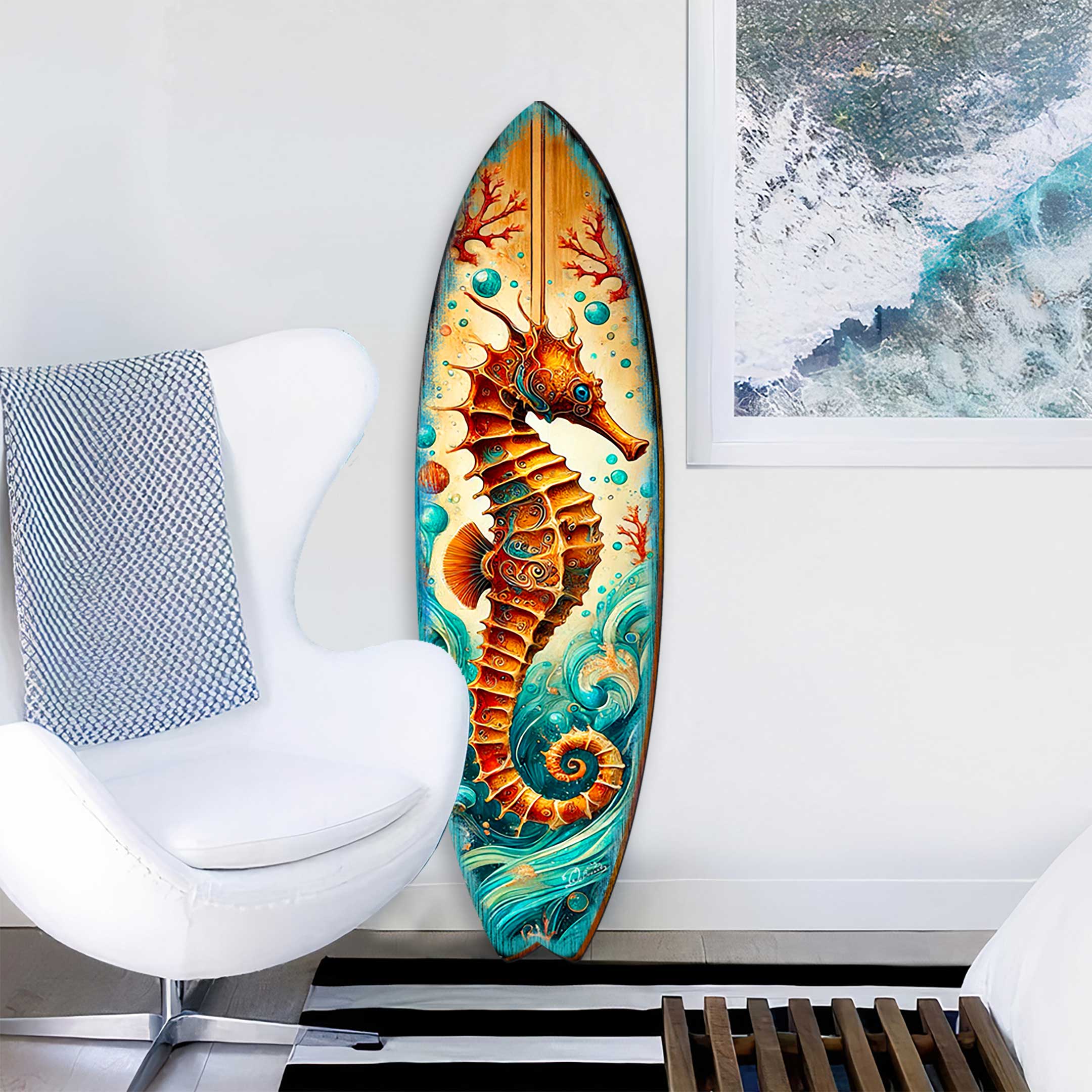 Seahorse Coastal Surfboard Wall Art by G.DeBrekht showing detailed seahorse and ocean waves on birch wood surfboard