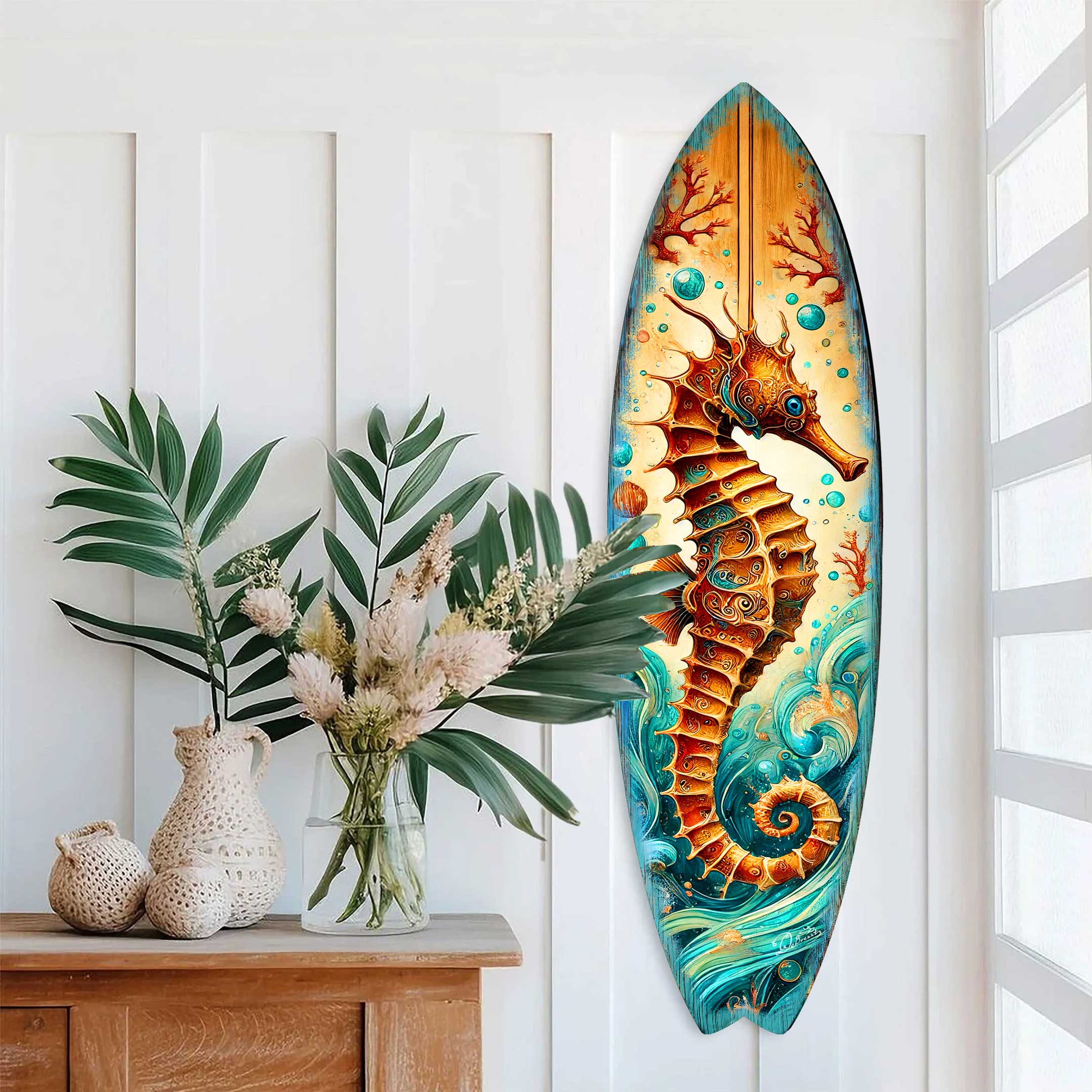 Seahorse Coastal Surfboard Wall Art – Handcrafted Wooden Ocean Decor by G.DeBrekht