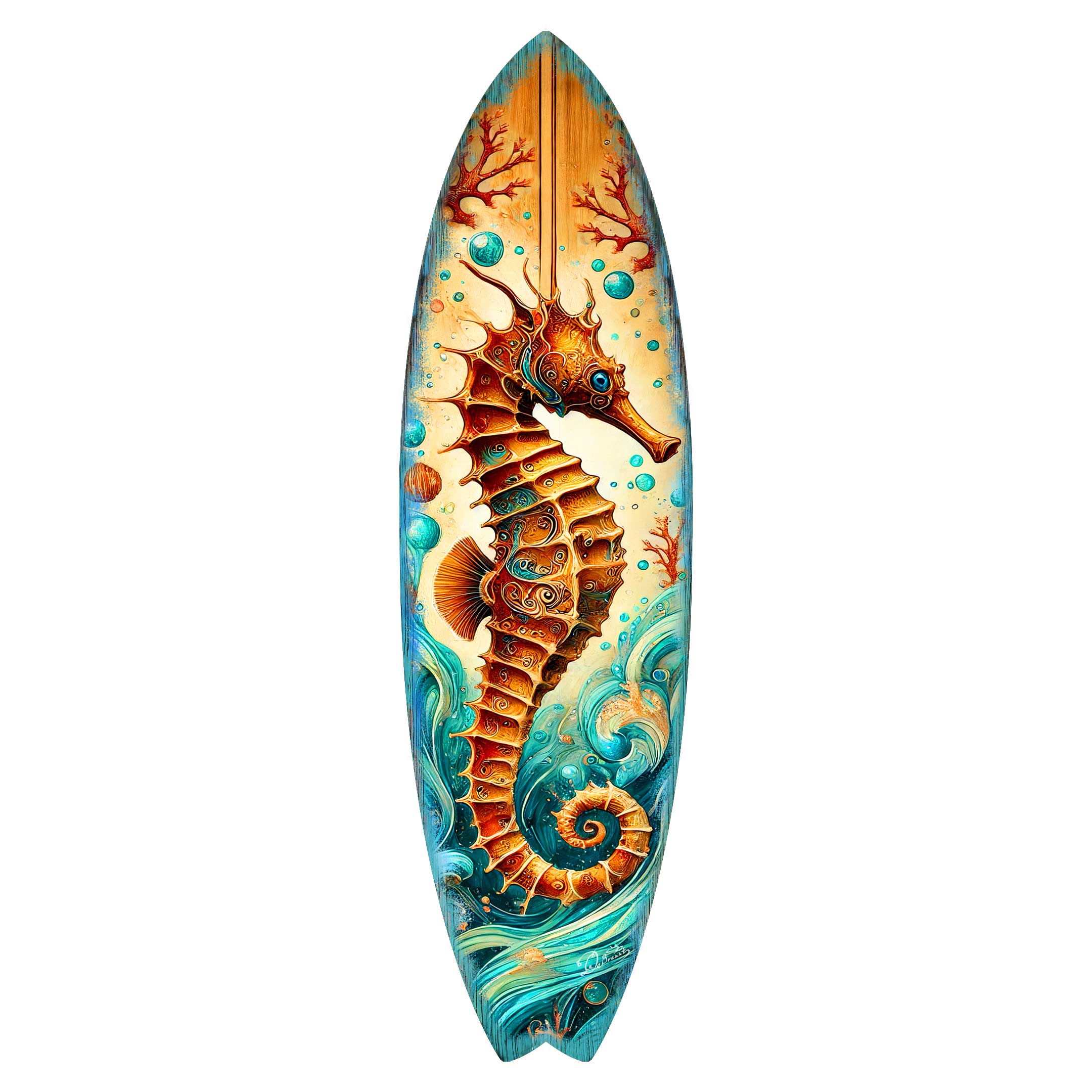 Seahorse Coastal Surfboard Wall Art – Handcrafted Wooden Ocean Decor by G.DeBrekht