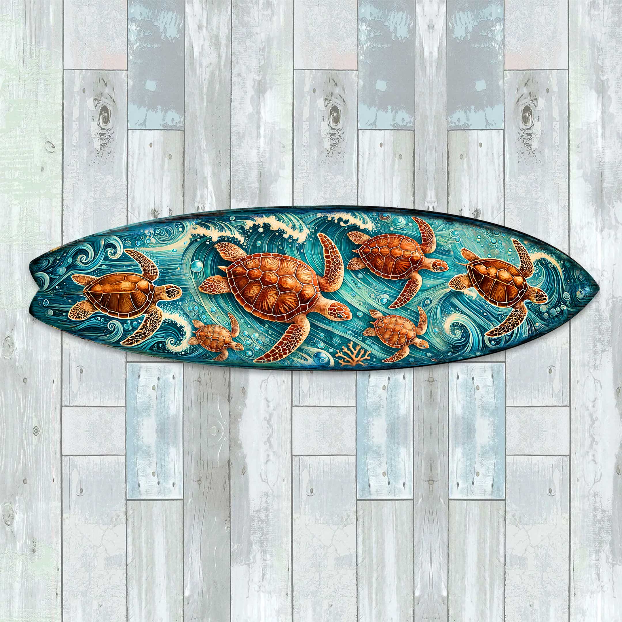Sea Turtle Surfboard Coastal Wall Art – Handcrafted Ocean Wave Wooden Décor by G.DeBrekht