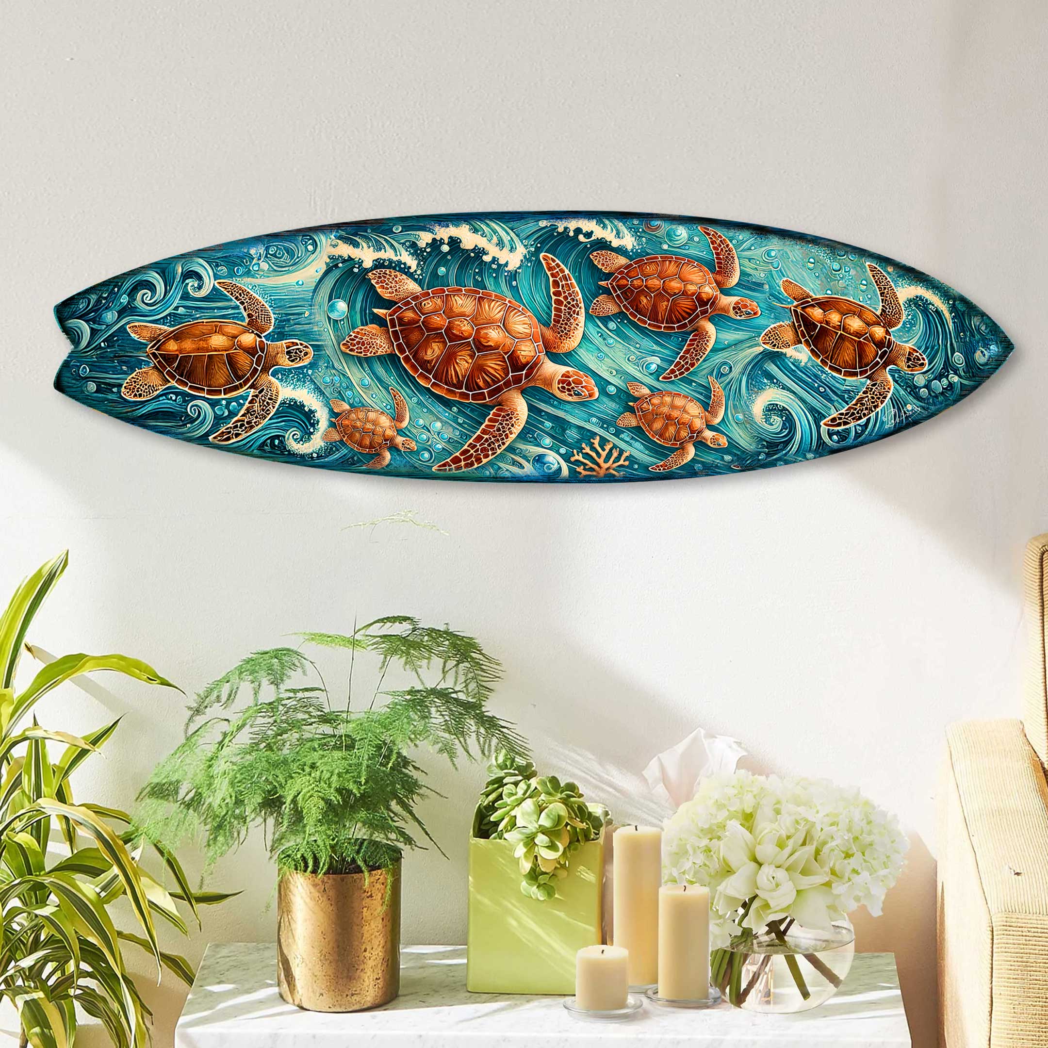 Sea Turtle Surfboard Coastal Wall Art – Handcrafted Ocean Wave Wooden Décor by G.DeBrekht