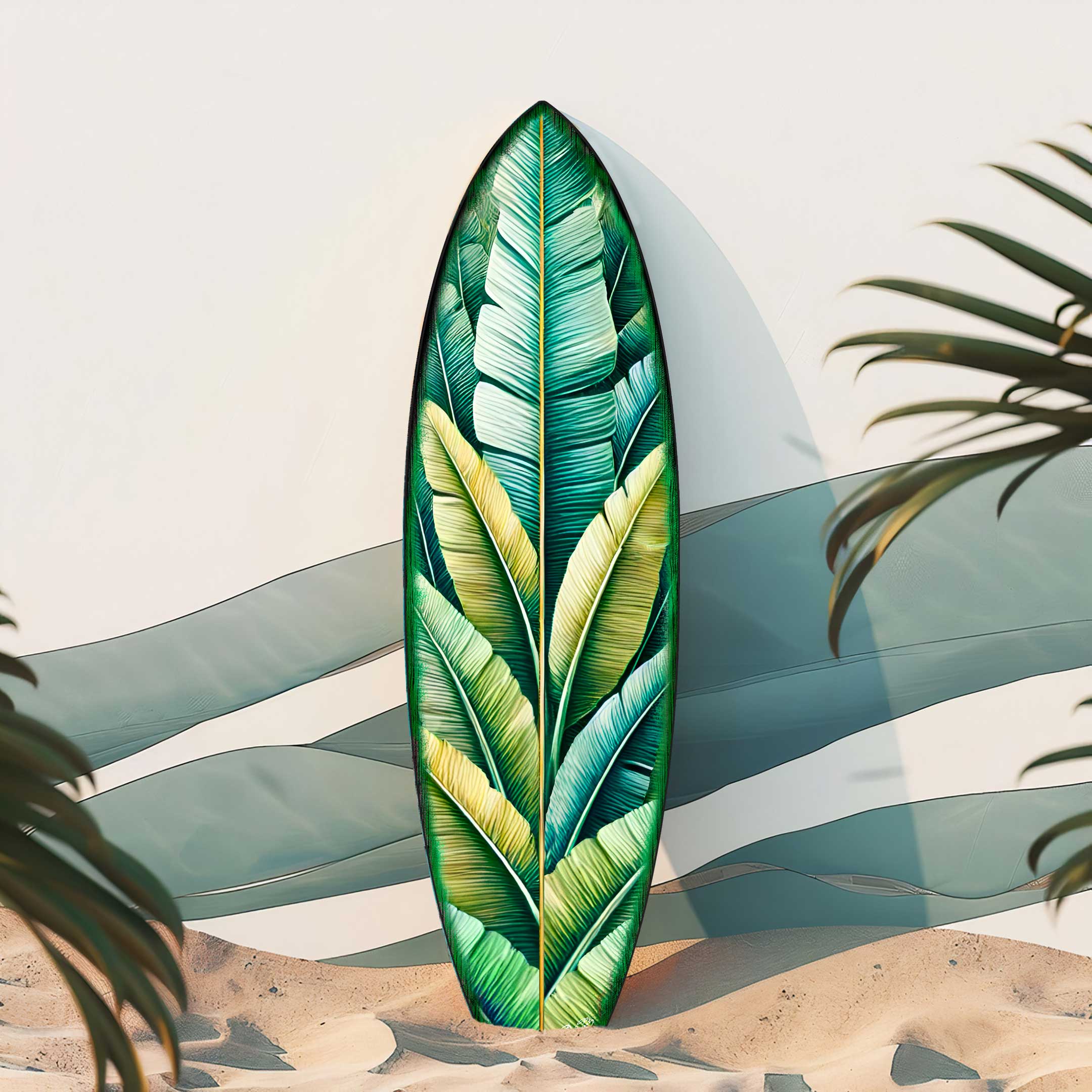 Banana Leaf Surfboard Wall Art showing vibrant green and yellow banana leaves on birch wood surface.