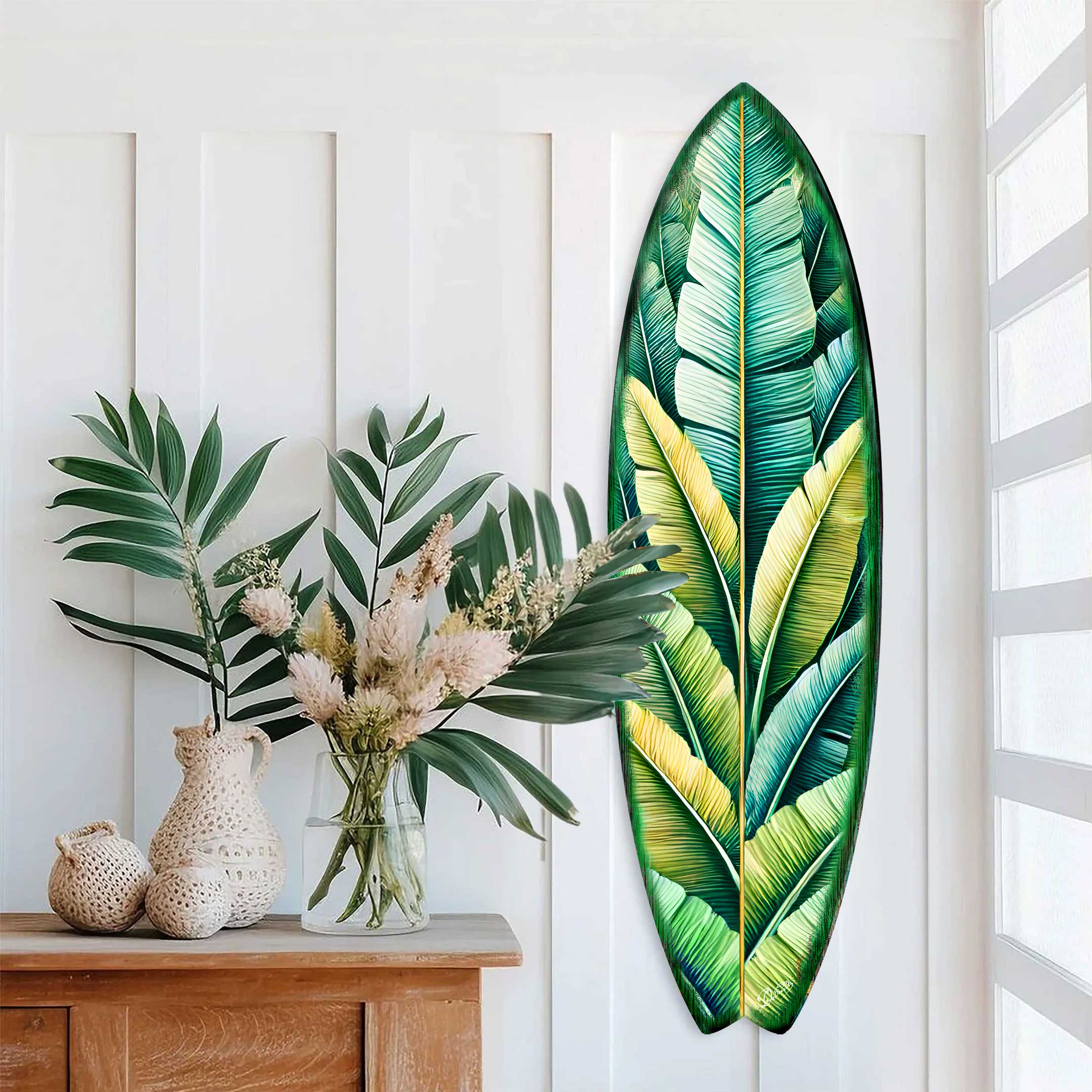 Banana Leaf Surfboard Wall Art – Handcrafted Tropical Coastal Decor by G.DeBrekht