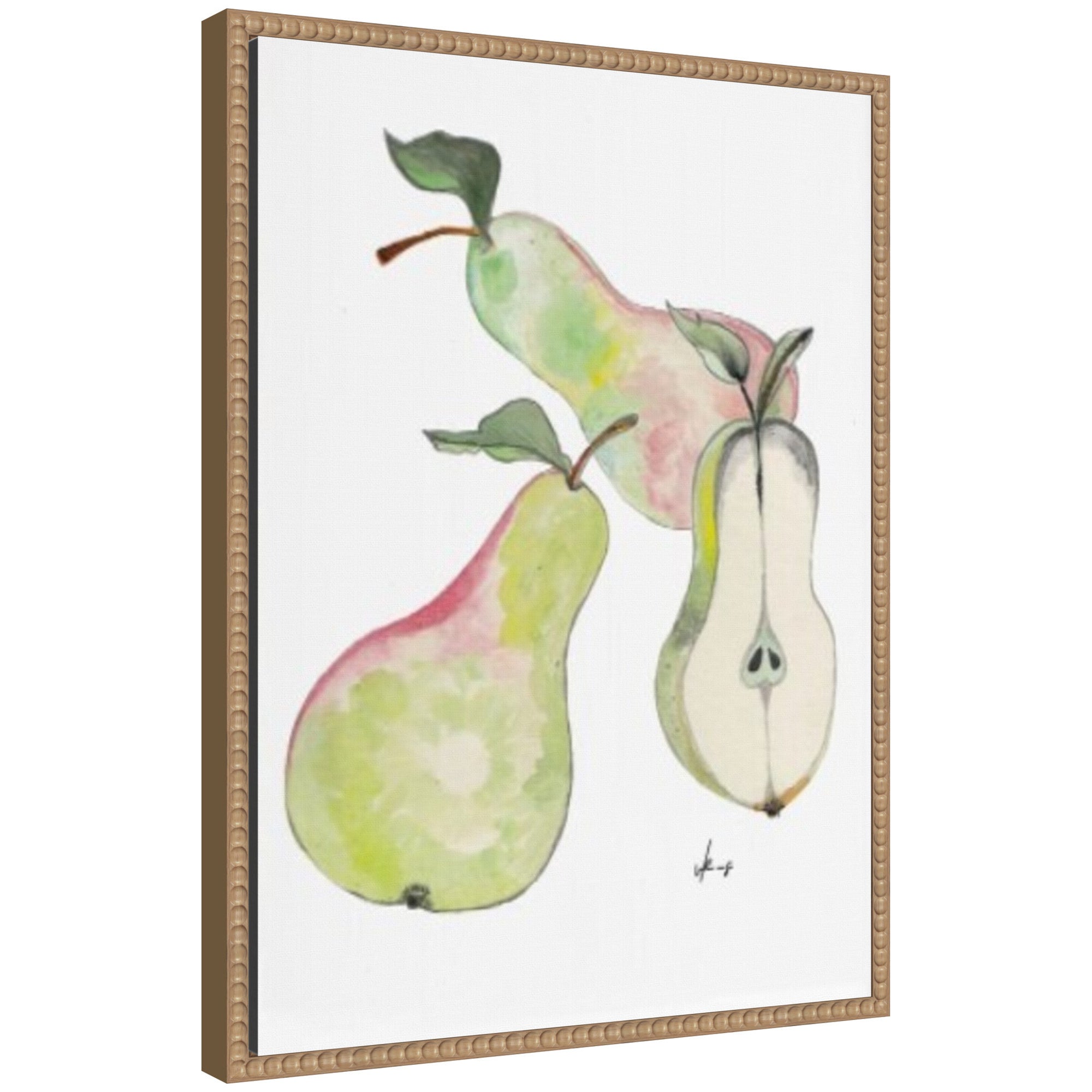 Framed canvas art titled 'Sylvie Watercolor Green Pears' showing a still life watercolor of green pears with a vintage beaded frame