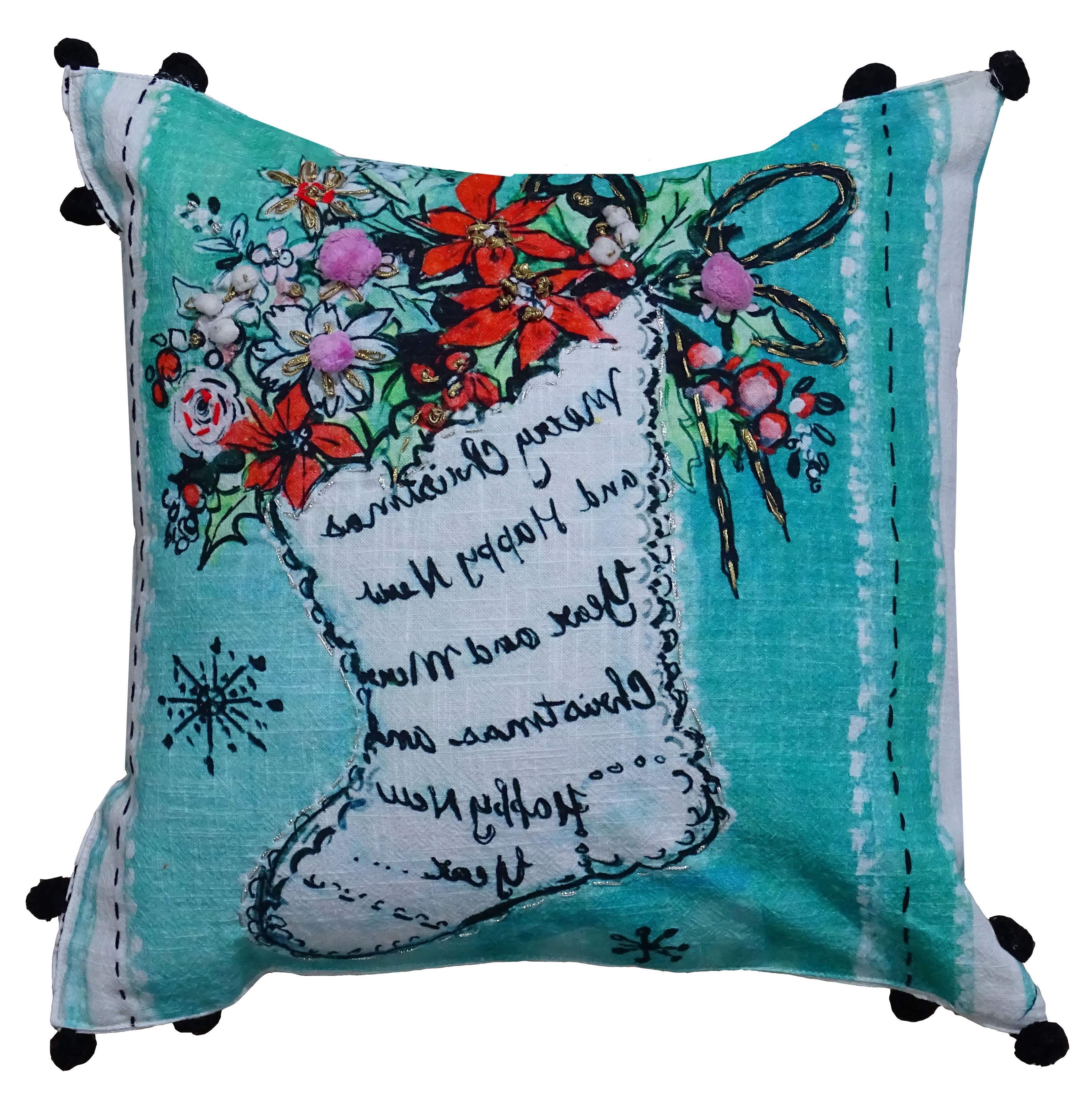 Hand Illustrated Christmas Holiday Pillow featuring festive red and green accents, 18x18 inches
