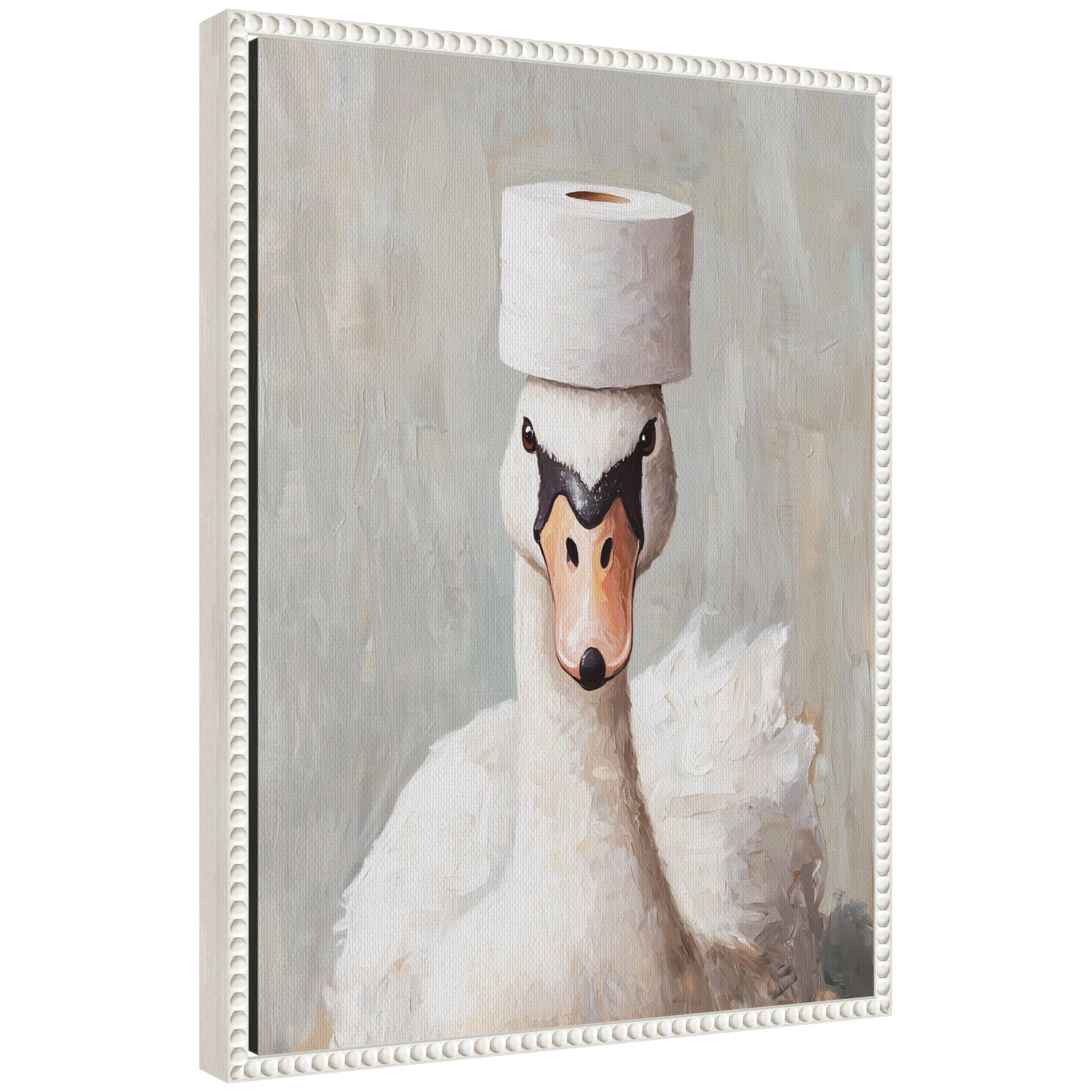 Framed canvas art of white swans with a toilet paper roll, titled Sylvie Toilet Paper Roll on White Swans Head Bathroom Art
