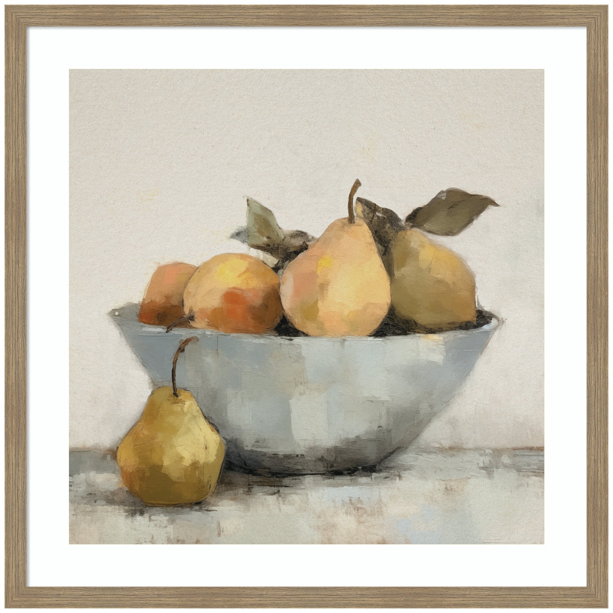 Framed art print of a still life featuring ripe pears and oranges in a bowl with woodgrain mocha frame