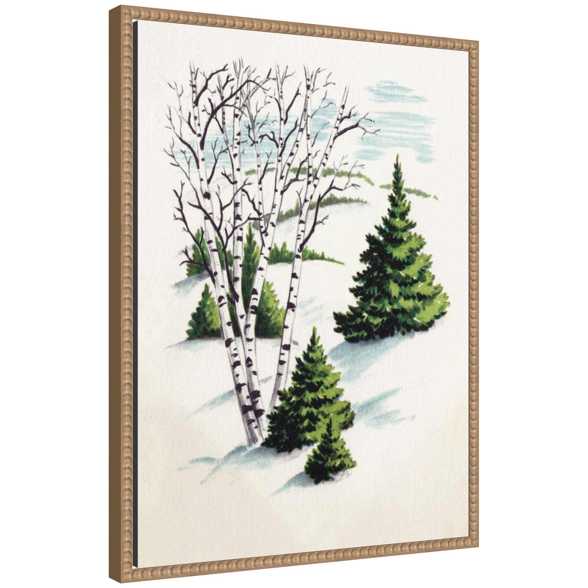 Framed canvas print showing snowy winter fir trees and birch trees with a beaded vintage style design.