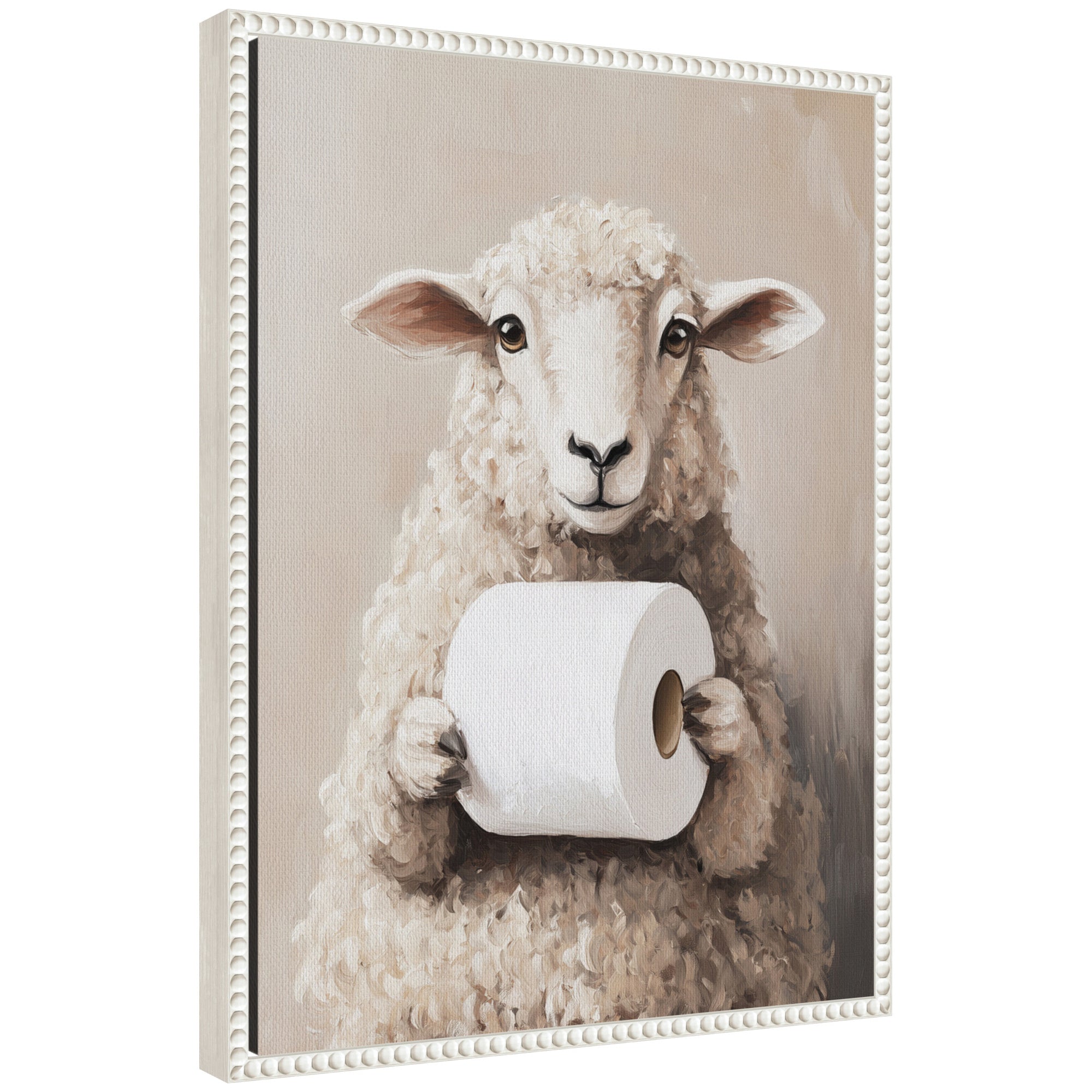 Framed canvas art showing a cute sheep holding a toilet paper roll with a vintage beaded frame, displayed in a bathroom setting.