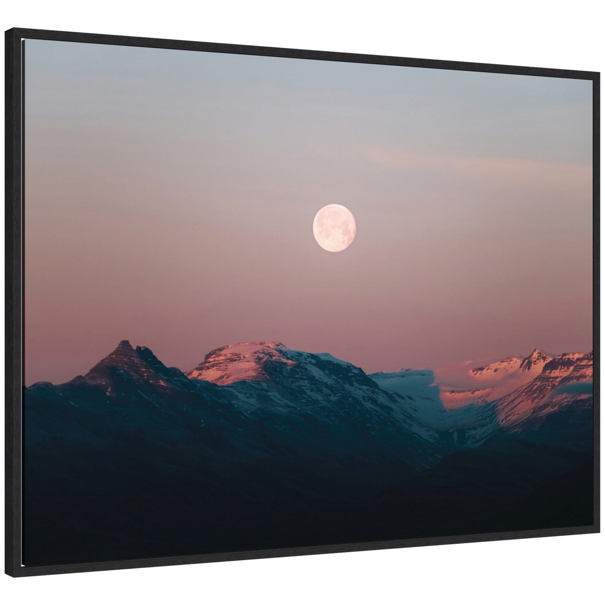 Framed canvas art depicting a panoramic pastel moonrise over Icelandic mountains