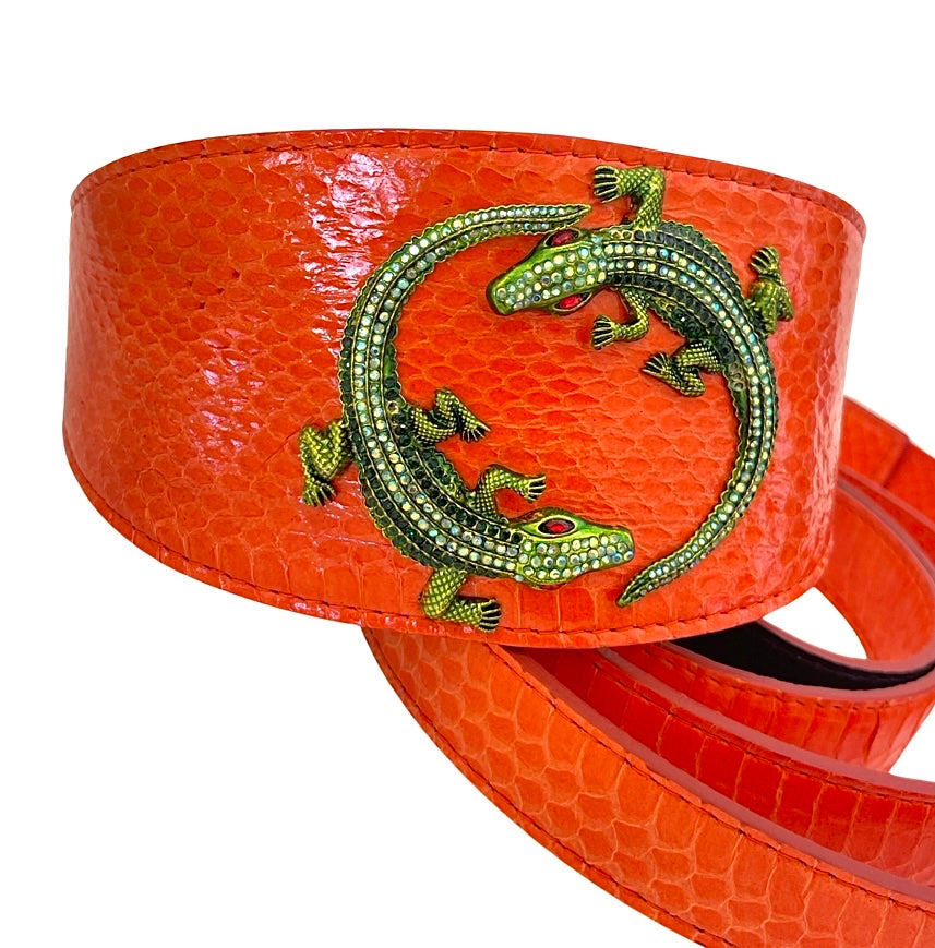 Orange Snake style wide collar and leash set with green rhinestone alligator embellishments