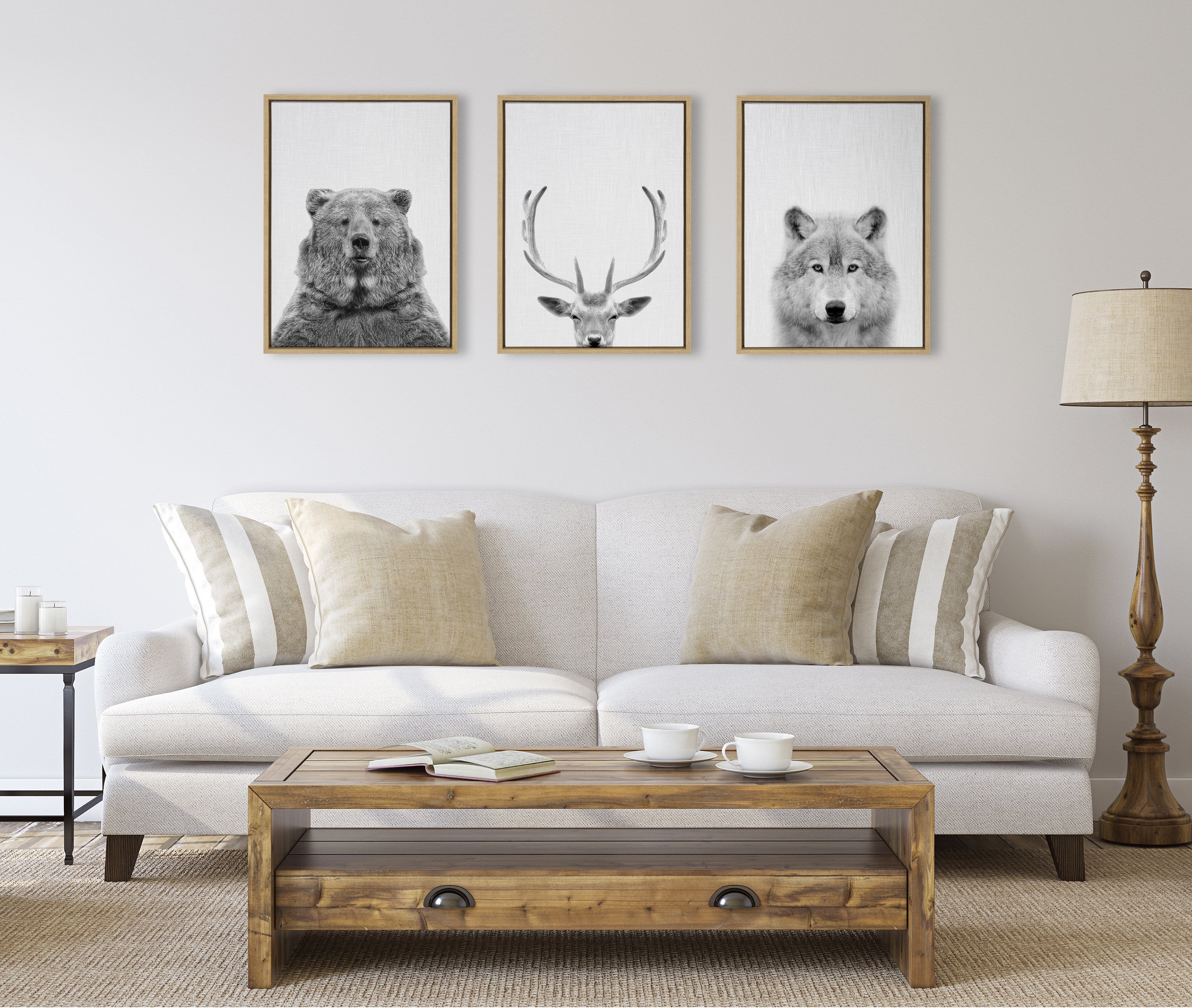 Sylvie Bear Deer and Wolf Framed Canvas Art Set by Simon Te of Tai Prints