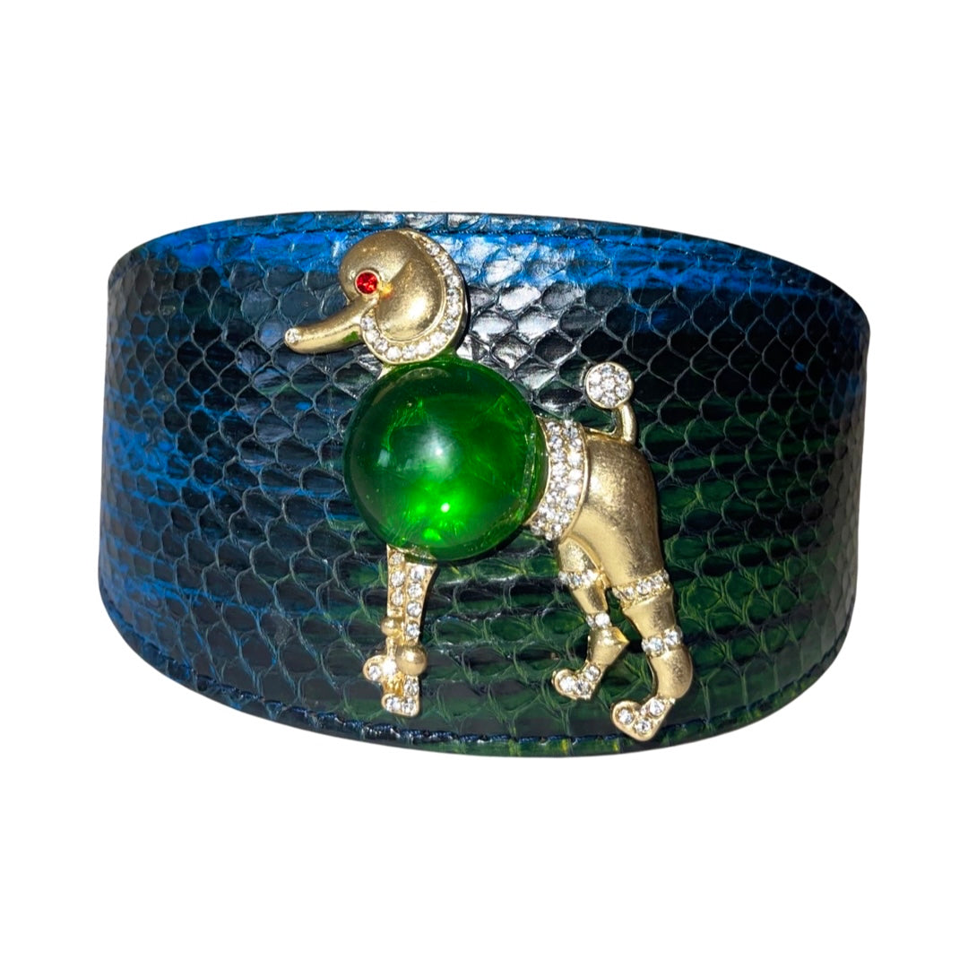 Blue, green, and black snake patterned 3-inch wide poodle collar with green rhinestone poodle rivet