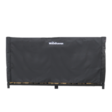 Woodhaven Full Firewood Rack Cover with zipper closure protecting stacked firewood outdoors