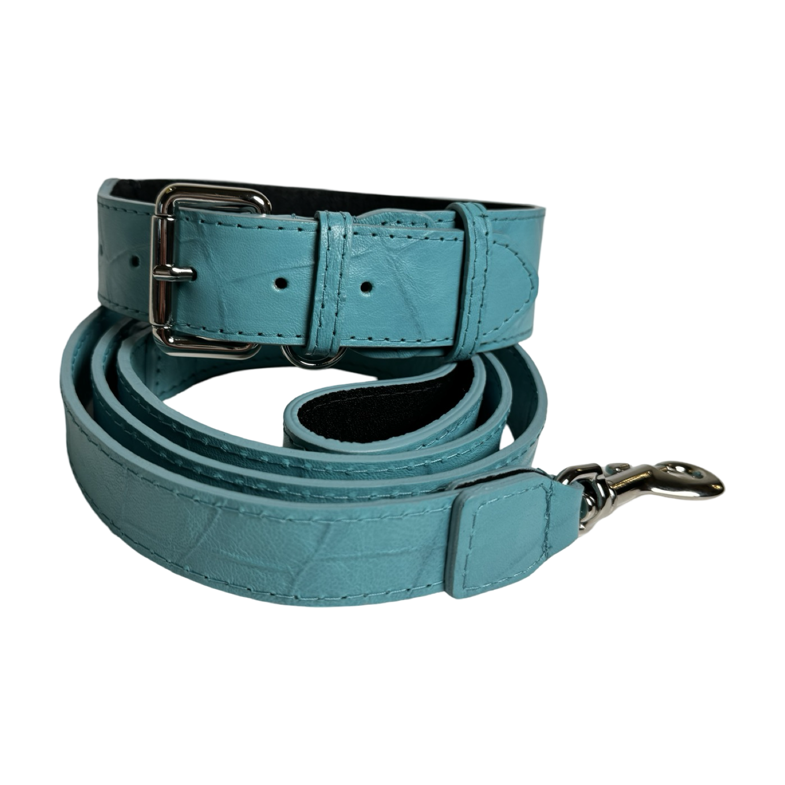 The Tiffany Collection. Gorgeous Turquoise Blue Embossed Croc Italian Leather Collar & Leash Set, With Our Classic Silver Hardware.
