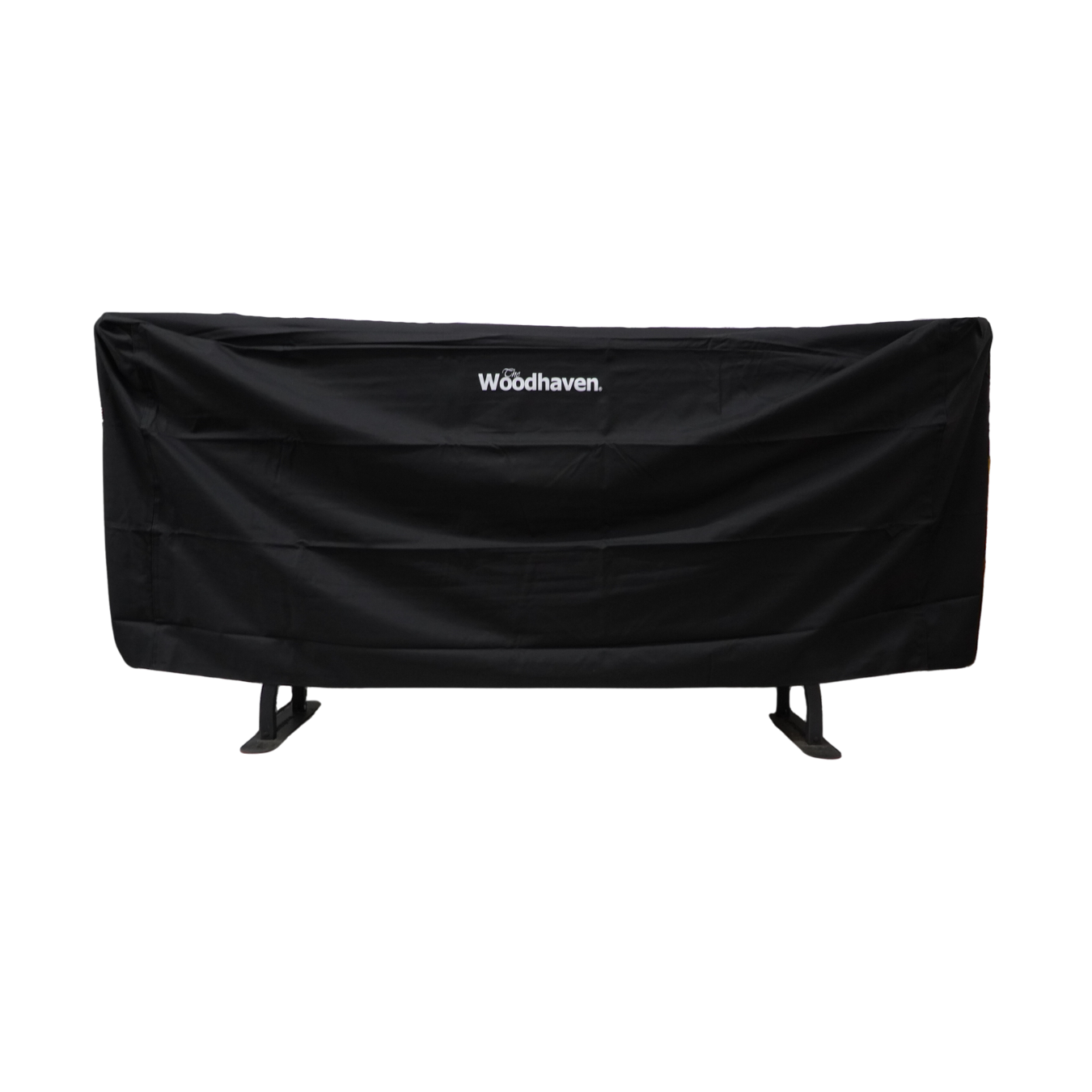 Woodhaven 8 ft Large Crescent Firewood Rack with seasoning cover holding firewood outside a house