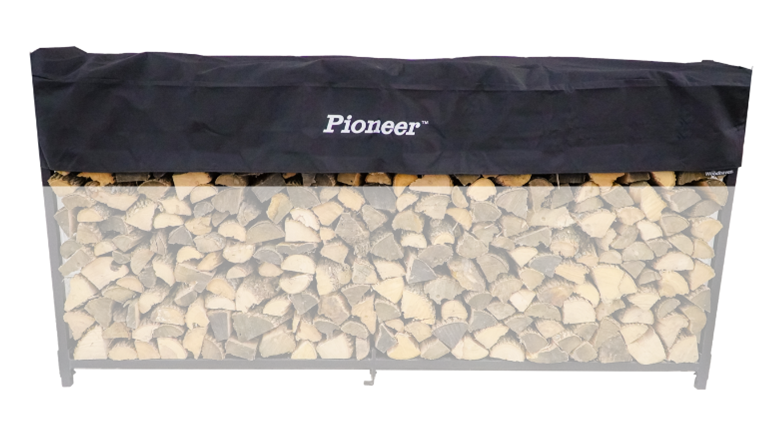 Woodhaven Short Firewood Rack Seasoning Cover in black on a firewood rack