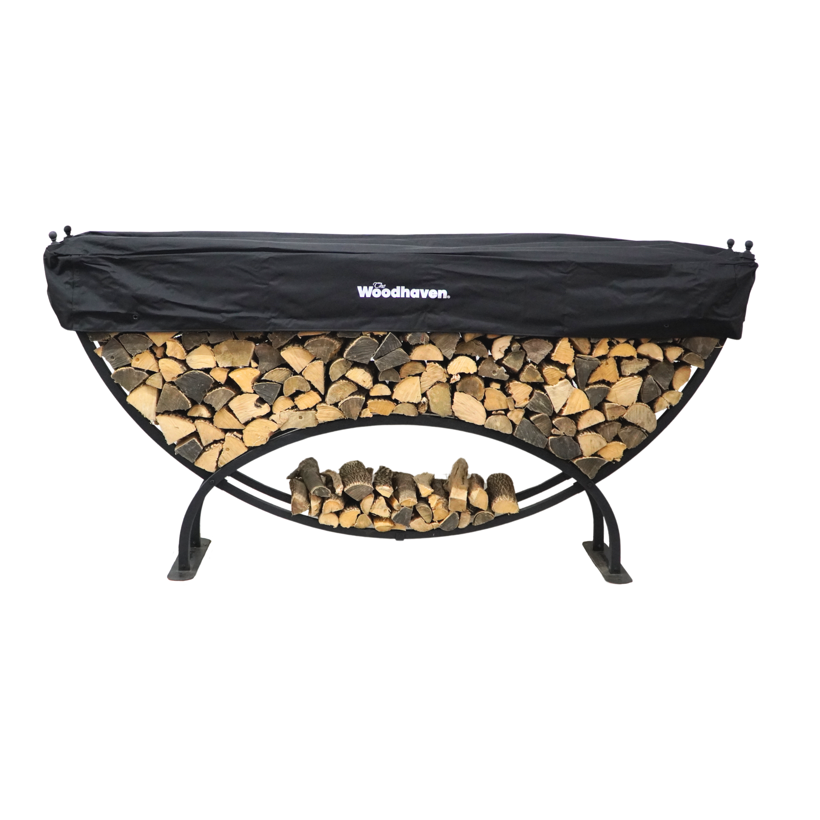 Woodhaven 8 ft Large Crescent Firewood Rack with seasoning cover holding firewood outside a house