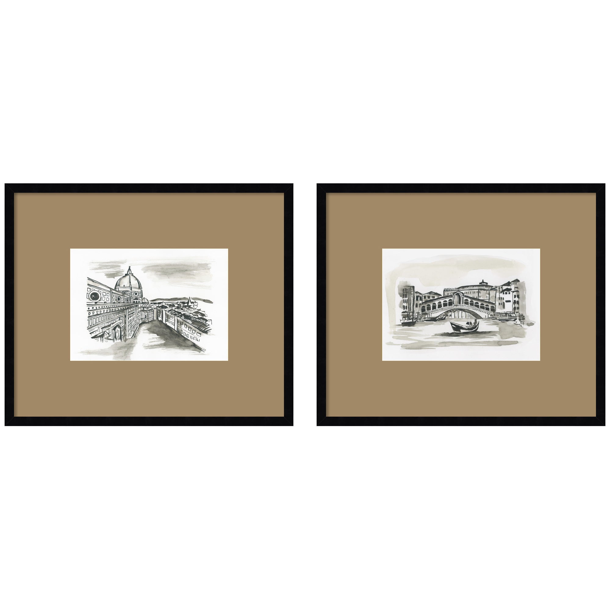 Vintage Postcard Florence & Venice framed wall art set with brown mat and black frames