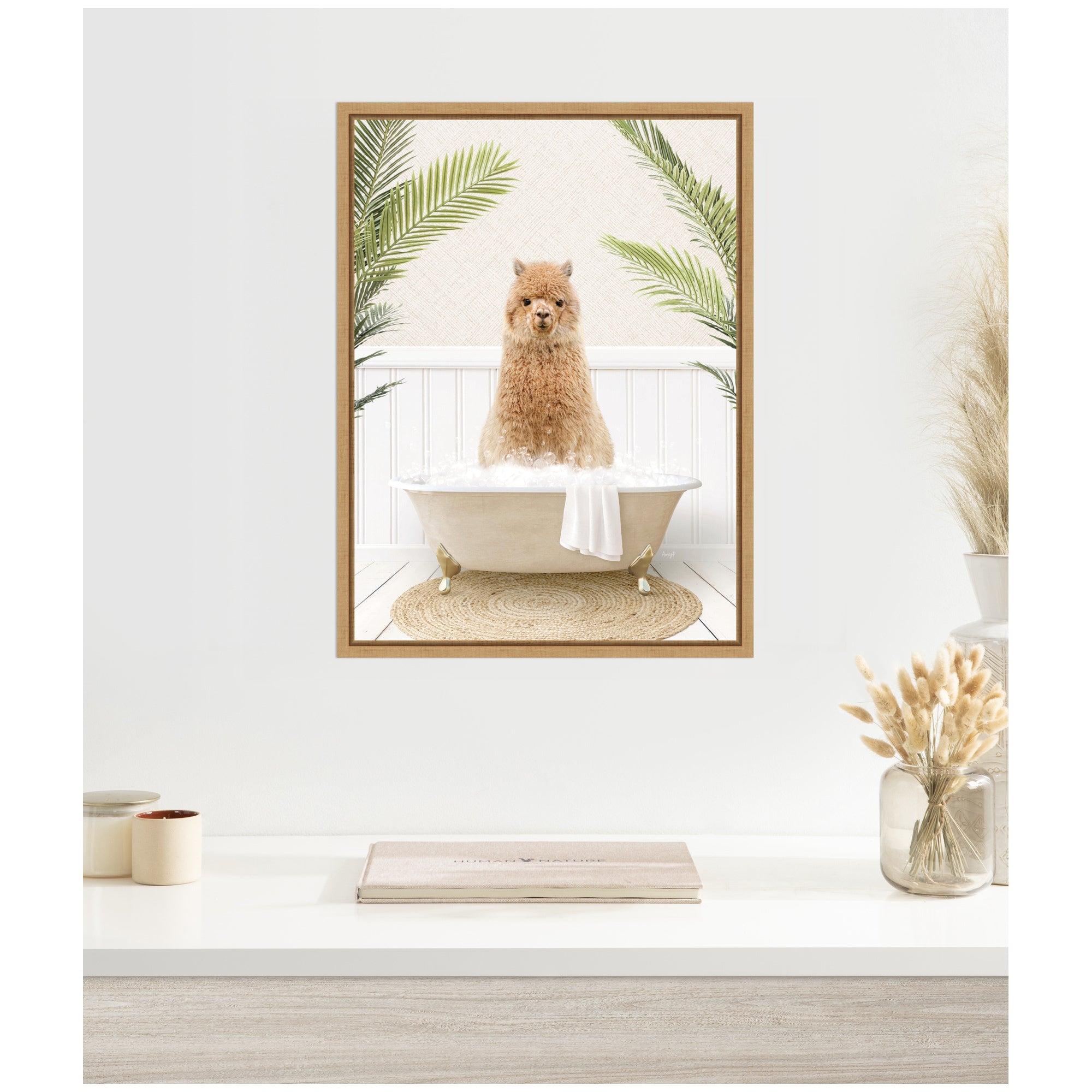 Sylvie Alpaca in Palms Bathtub Framed Canvas by Amy Peterson
