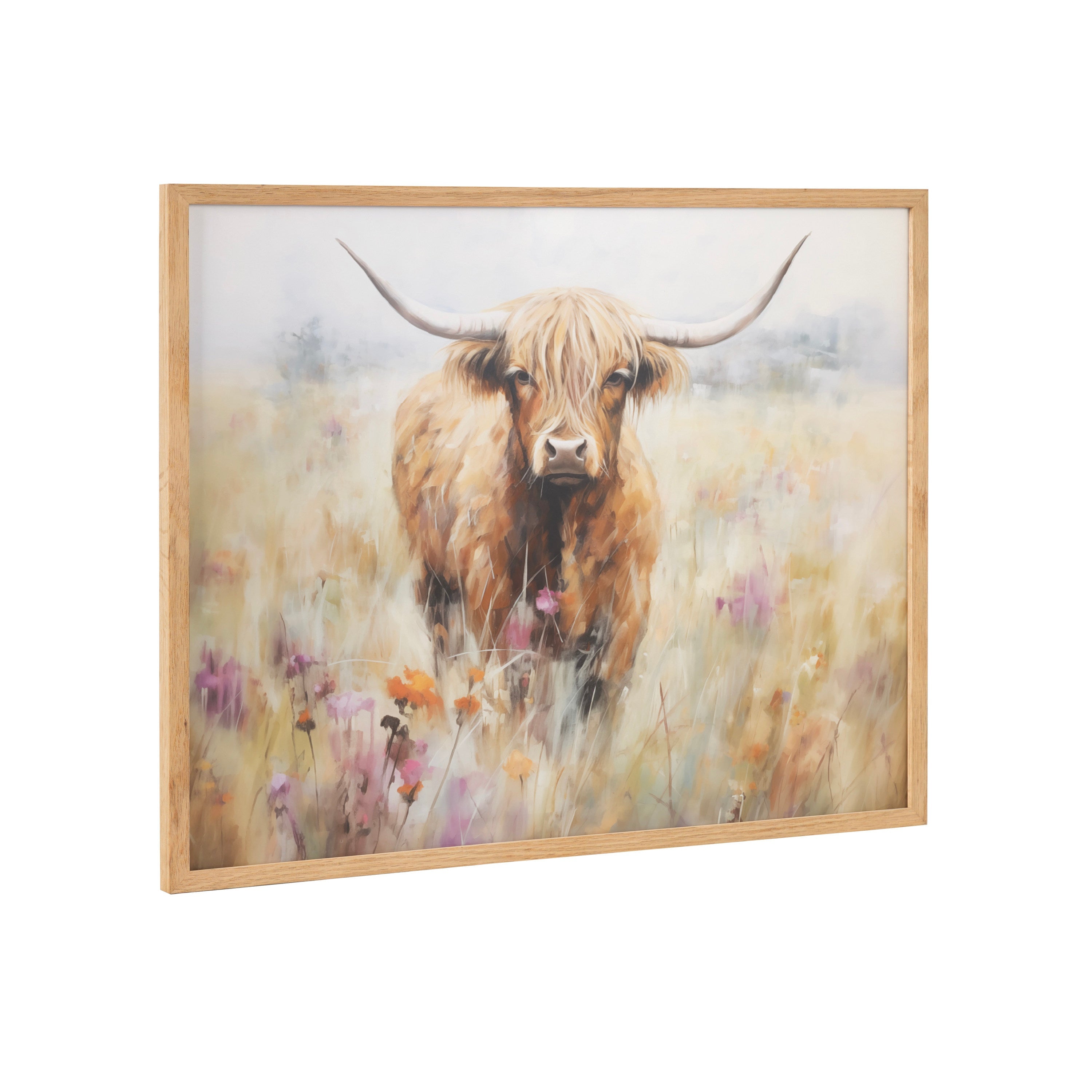 Framed print depicting a highland cow standing in a flower field, with wood gallery frame in Natural or Gold finish