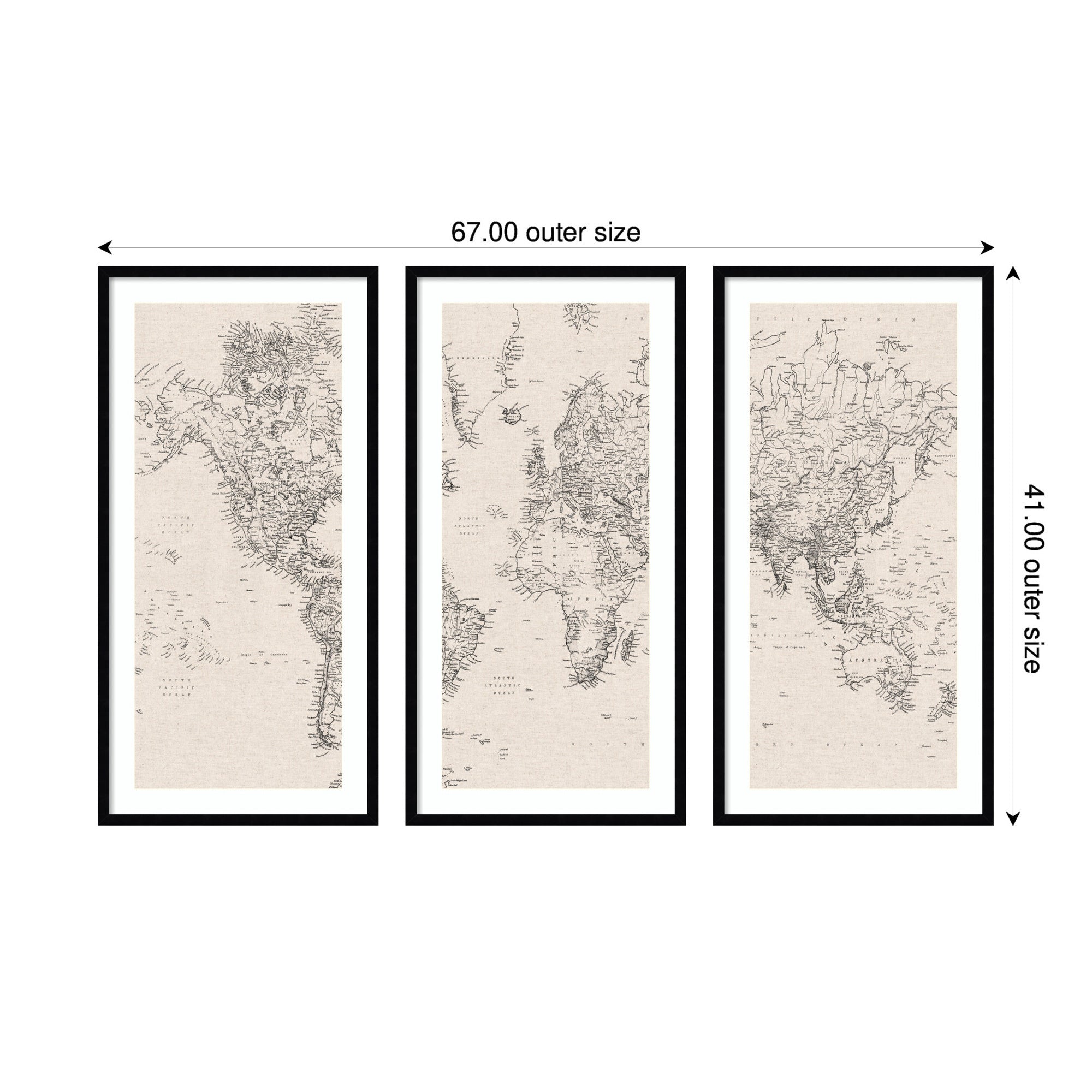 Vintage Black and White World Map Linen 3 Piece Framed Wall Art Print Set by The Creative Bunch Studio