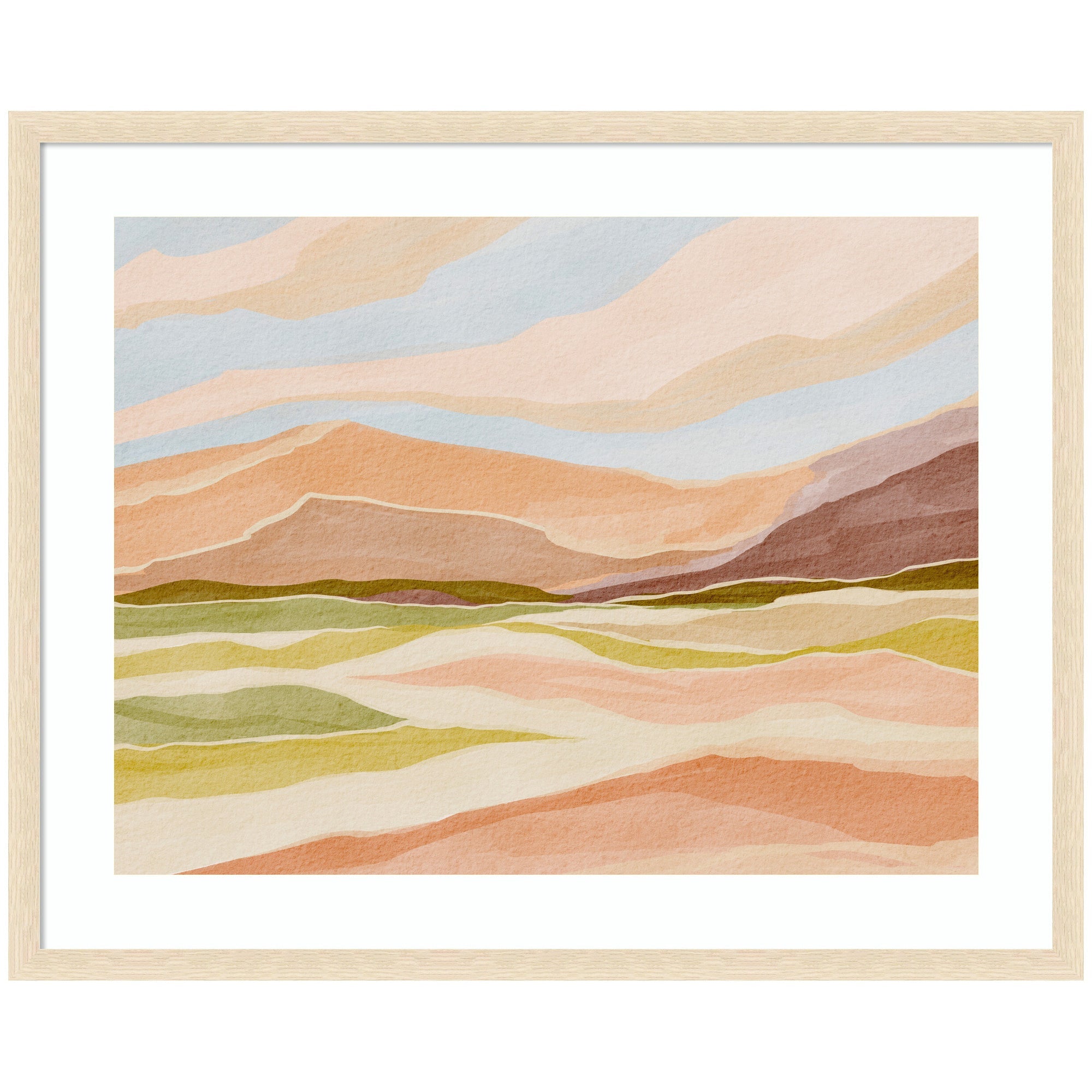 Framed abstract desert landscape artwork featuring pastel colors and soft flowing lines by Nikita Jariwala, in Woodgrain Stripe Blonde frame