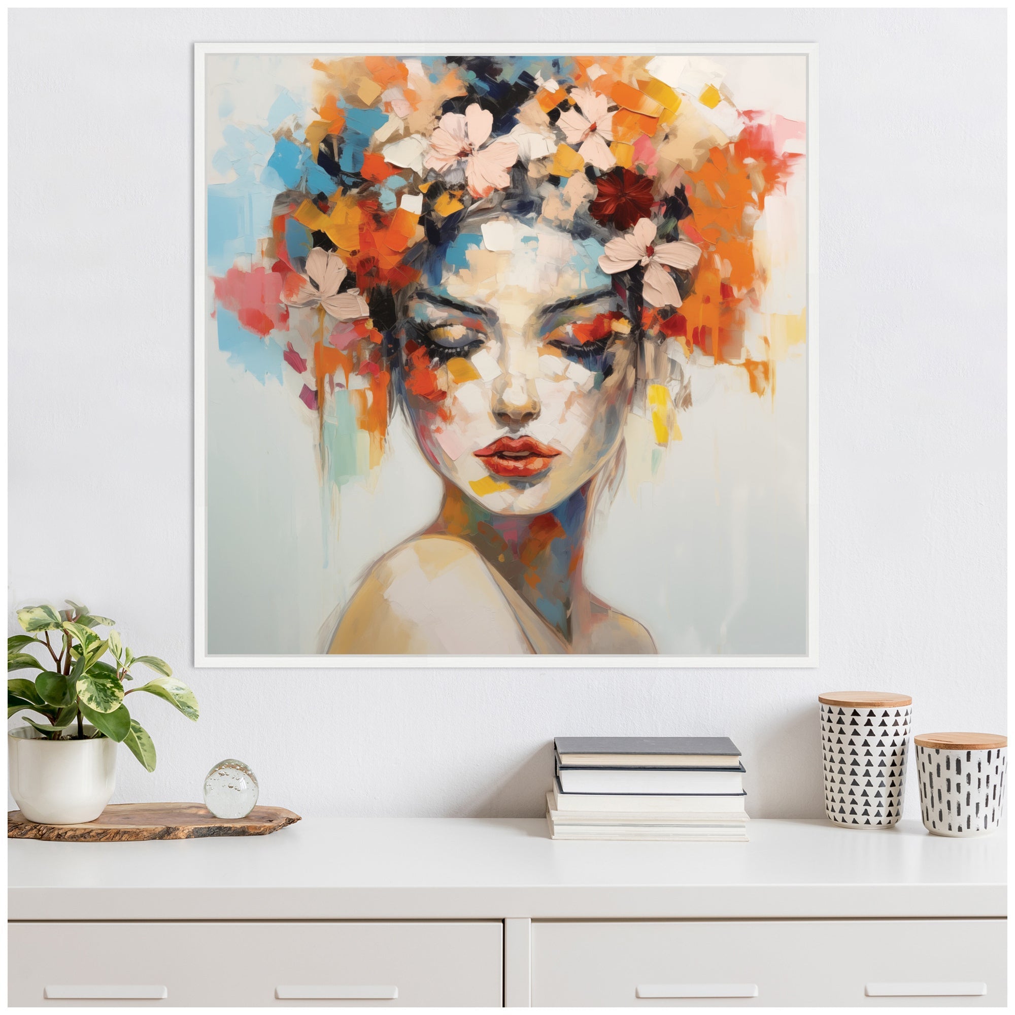 Sylvie Female Figure Colorful Flowers In Hair Framed Canvas by The Creative Bunch Studio