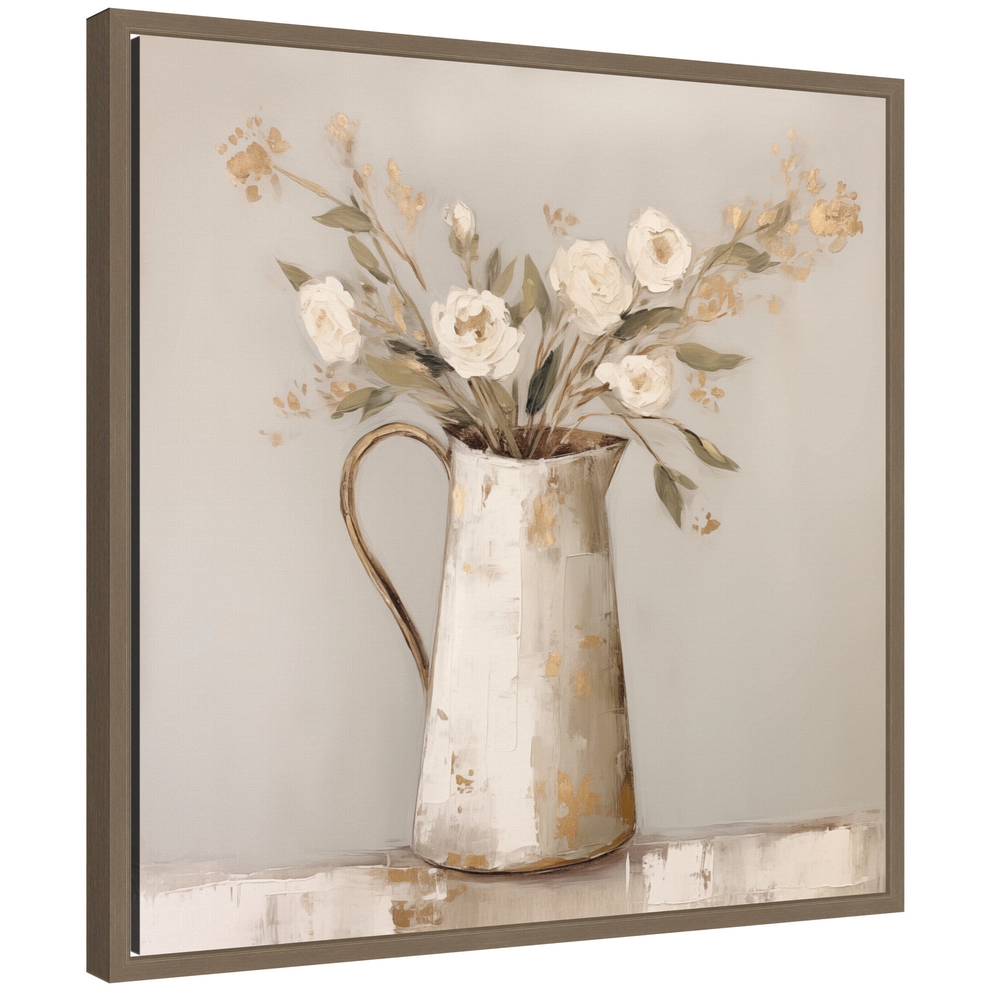 Framed canvas artwork depicting a pitcher with flowers, in a gold beaded vintage style frame.
