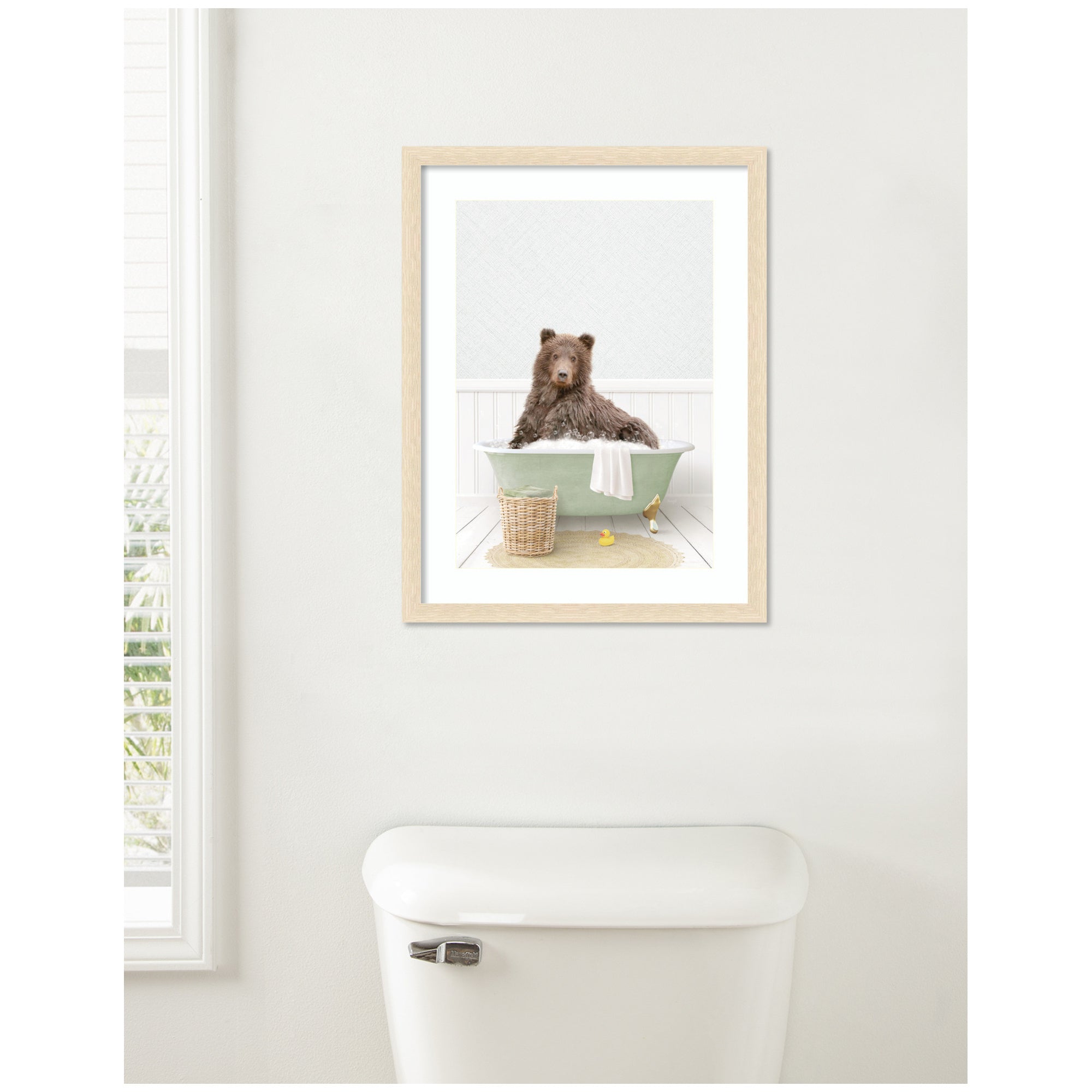 Bear in Cottage Green Bath by Amy Peterson Framed Wall Art Print
