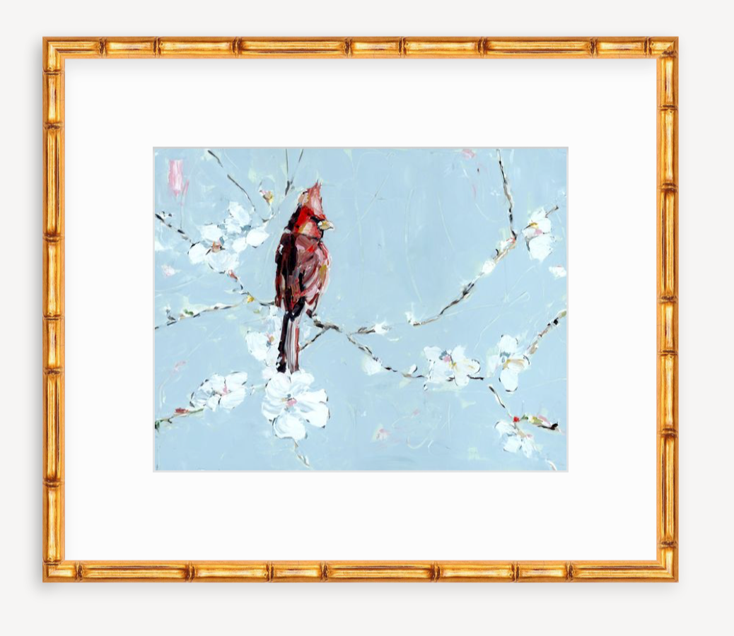 Always With You Cardinal Fine Art Print showing a red cardinal perched on a branch with a neutral background