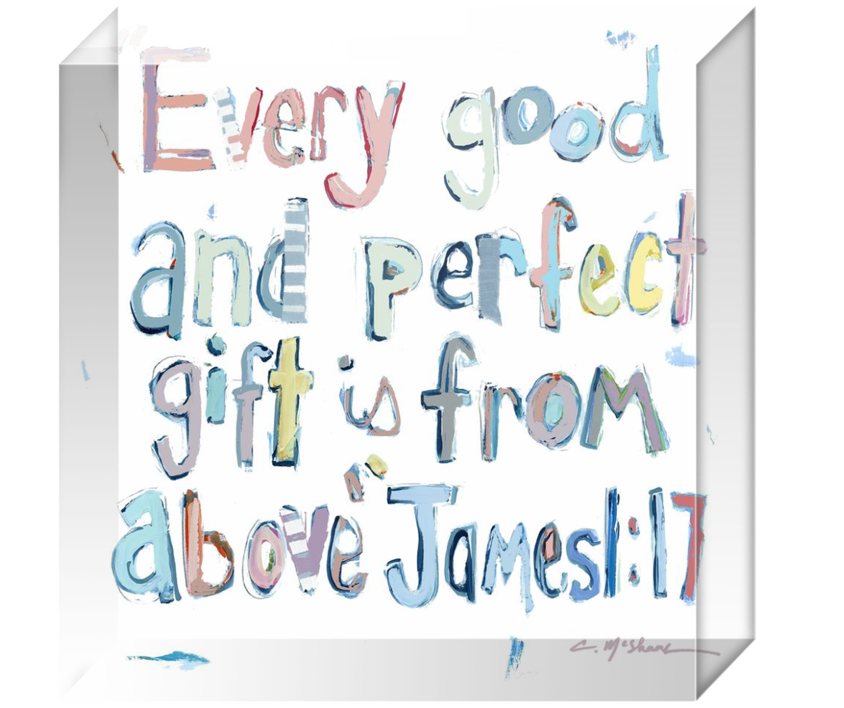 James 1:17 Bible Verse Acrylic Tabletop Art shown in pink and blue color variants.