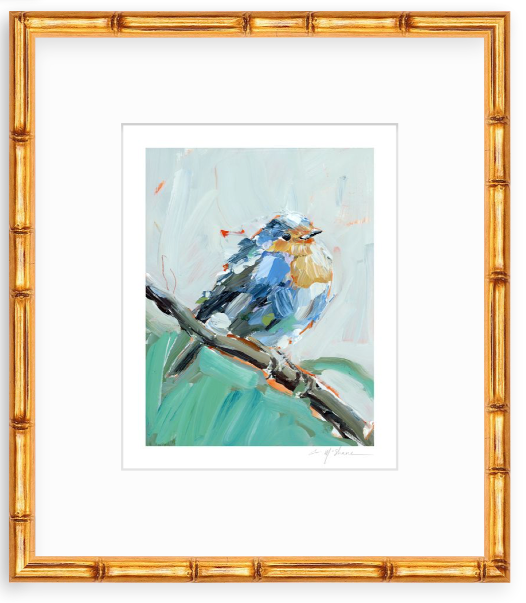 Bluebird of Happiness Fine Art Print displaying a vibrant bird artwork with artist signature in lower right corner