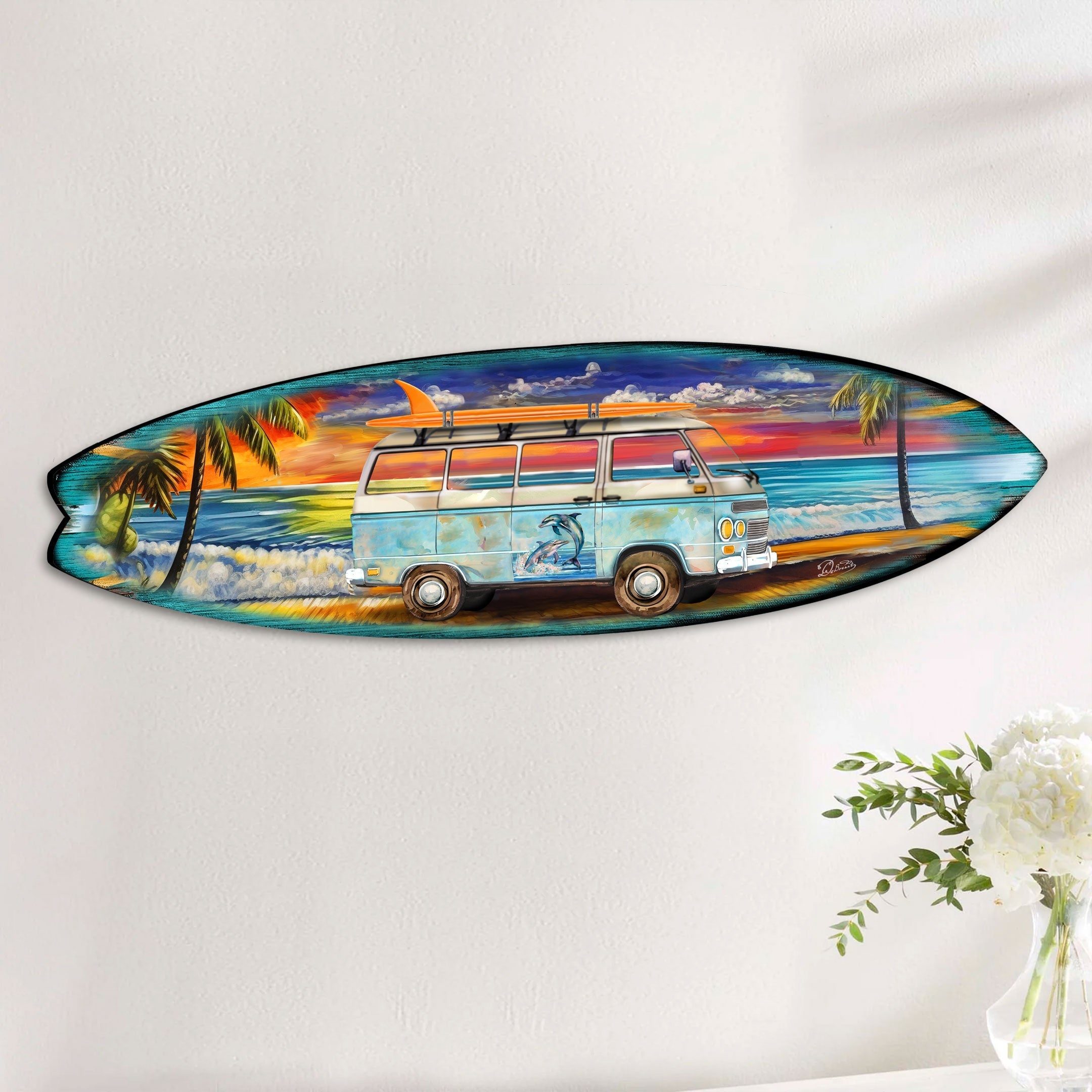 Beach Surf Van Surfboard Coastal Wooden Wall Art by G. DeBrekht