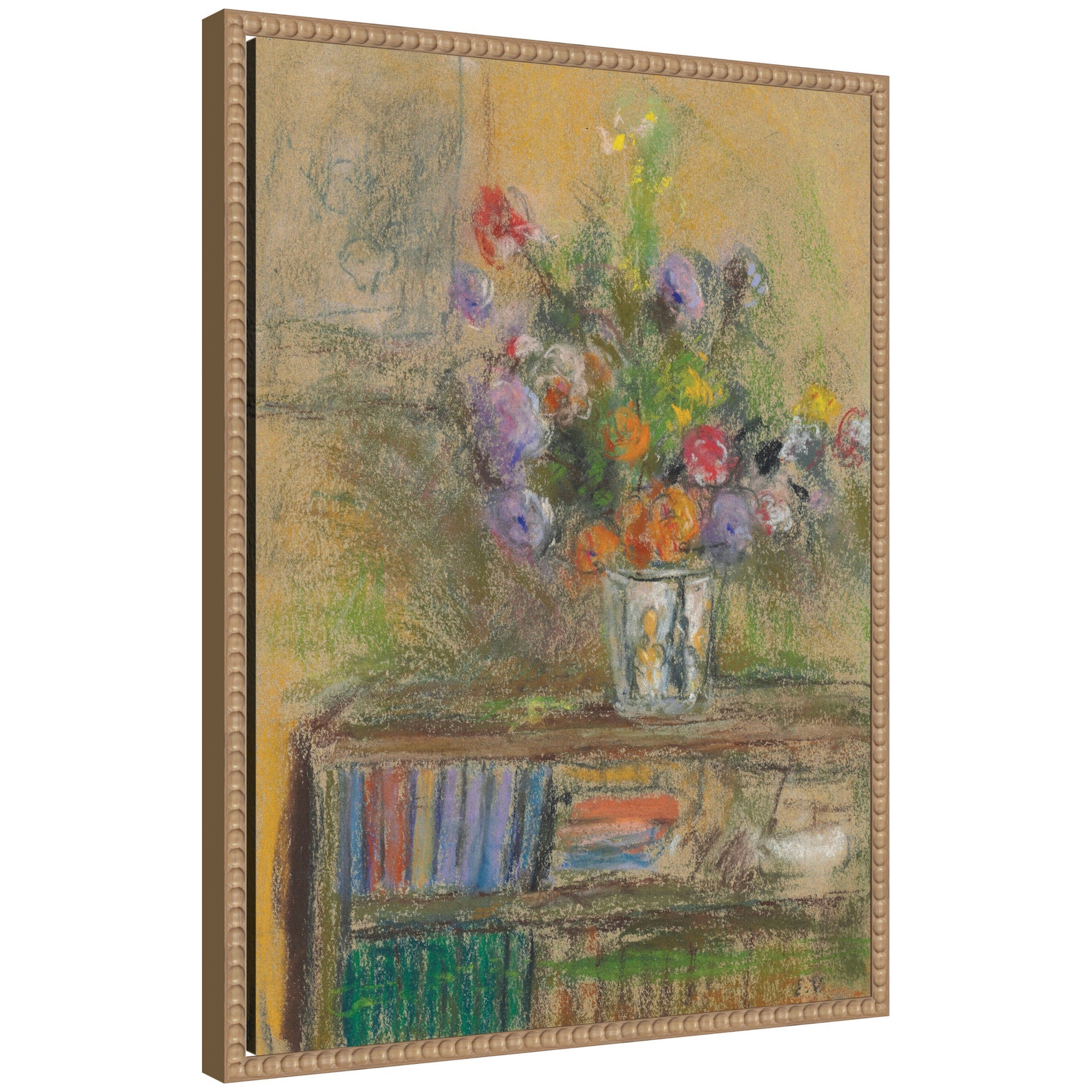 Framed canvas print of Nature morte au vase de fleurs circa 1932 by Edouard Vuillard, featuring floral still life in a rustic natural beaded frame