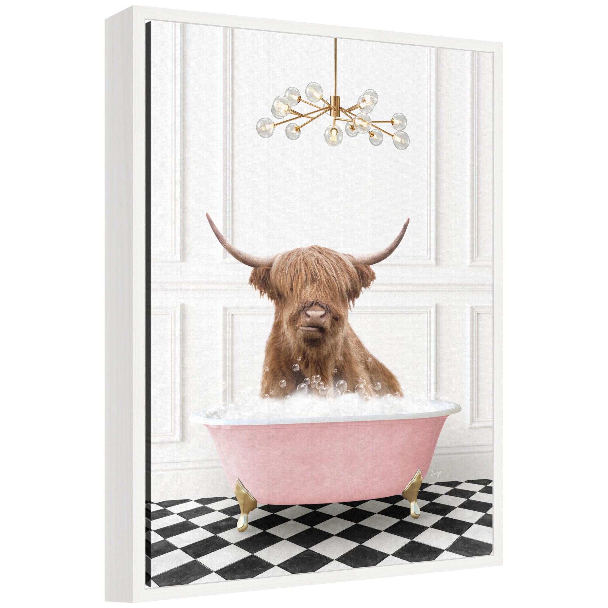 Sylvie Highland Cow in Pink Bathtub on Checker Floor Framed Canvas