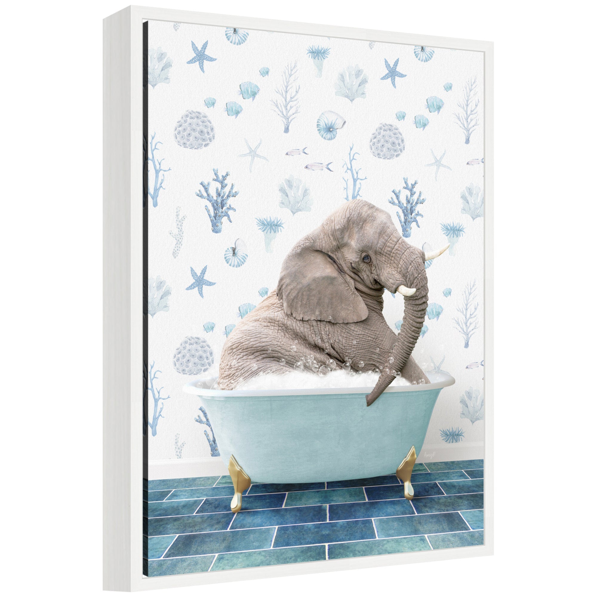 Framed floating canvas artwork featuring a young elephant sitting in a under the sea themed bathtub, vibrant colors and modern lightweight polystyrene frame