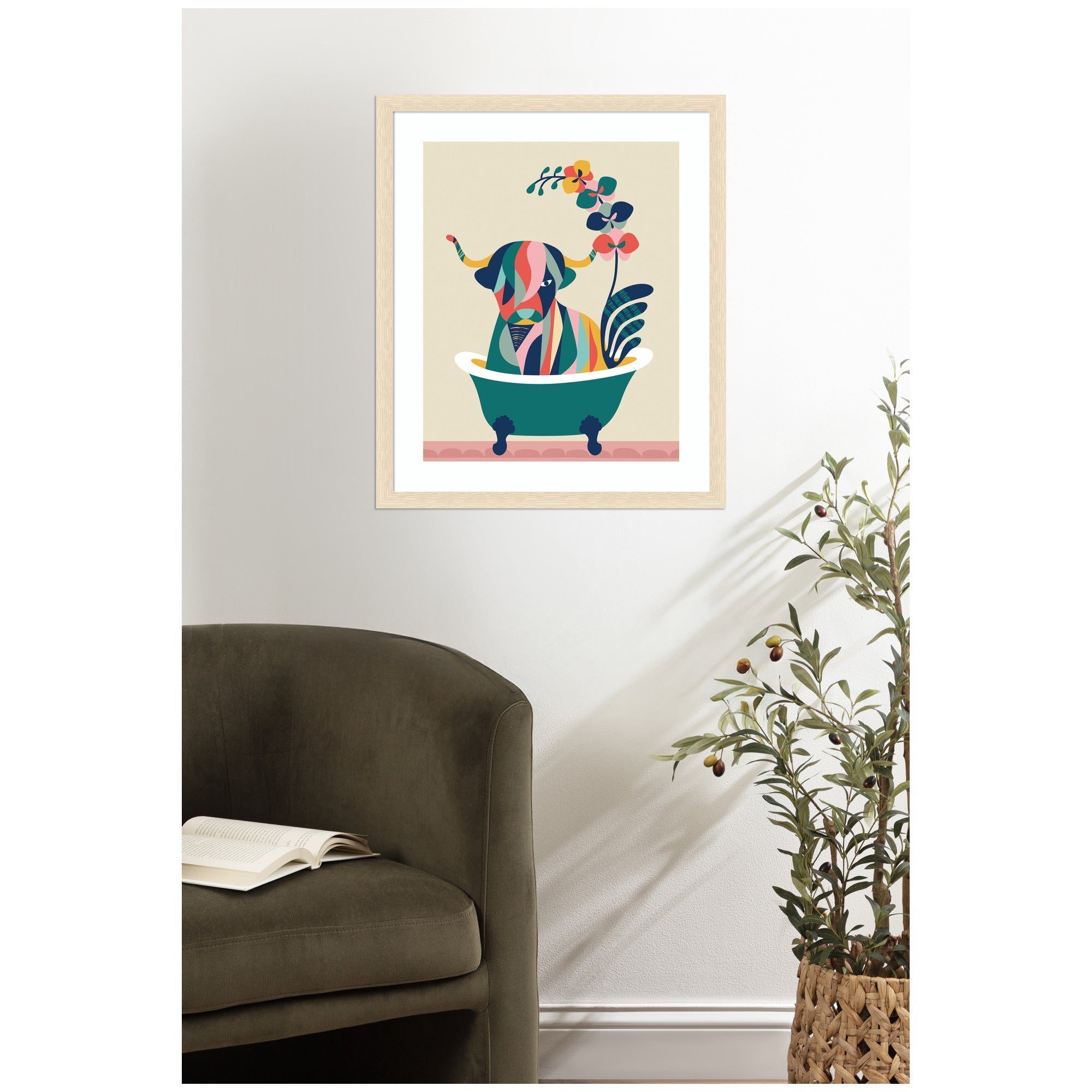 Framed Art Mid Century Modern Cow in Bathtub by Rachel Lee